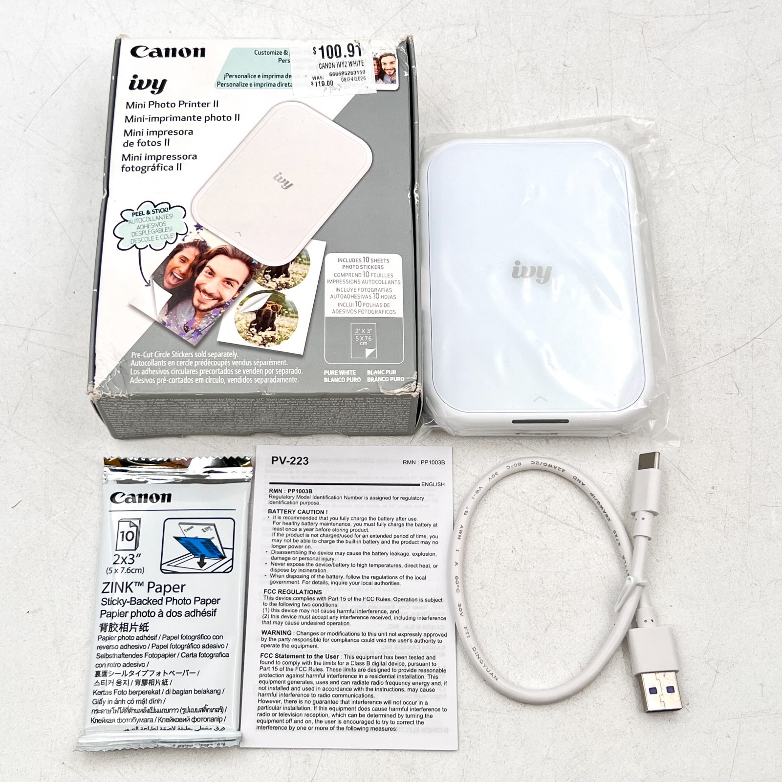 Canon Ivy Mini Photo Printer II Pure White PV-223-PW Open Box