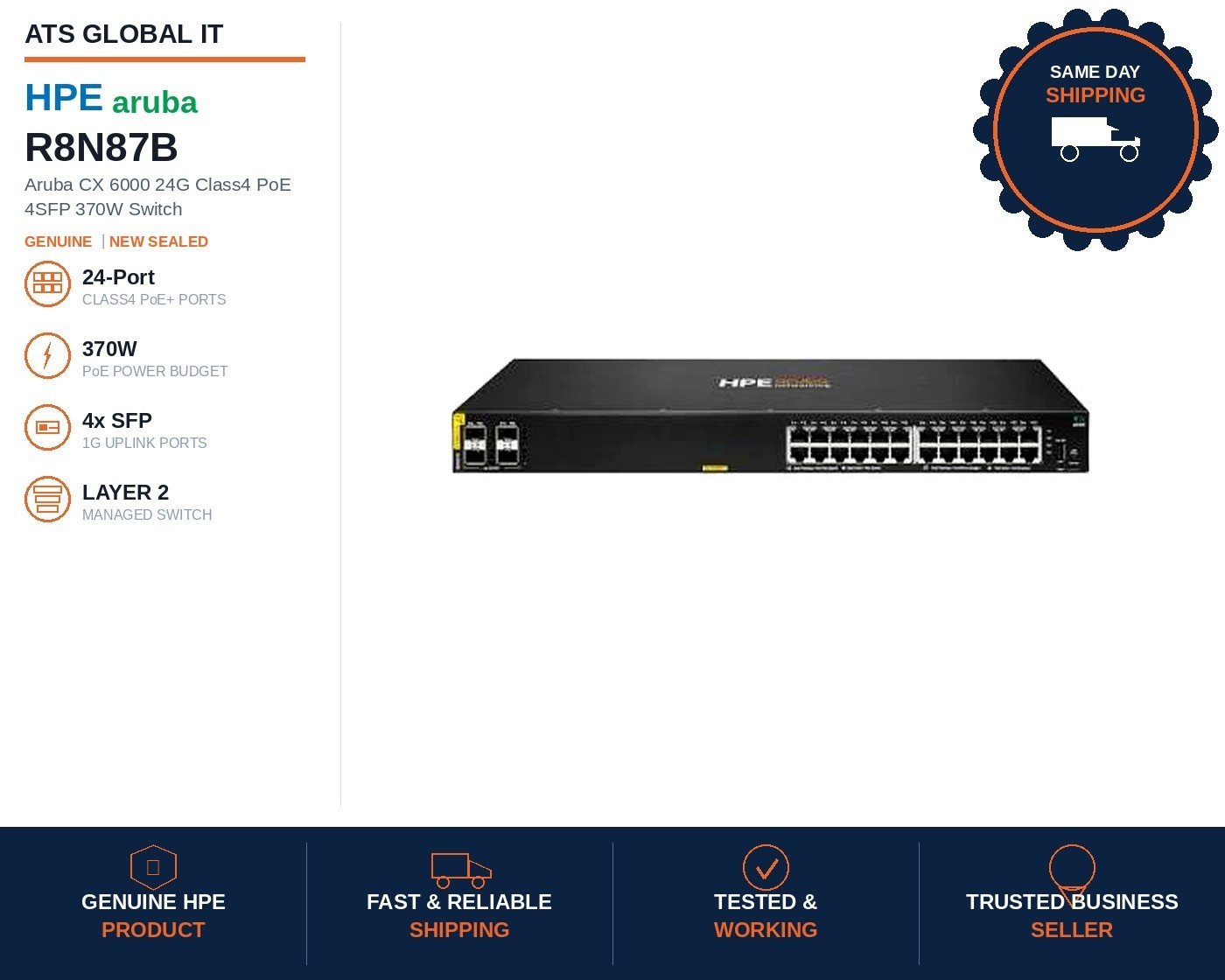 HPE Aruba R8N87B CX 6000 24G Class4 PoE 4SFP 370W Switch