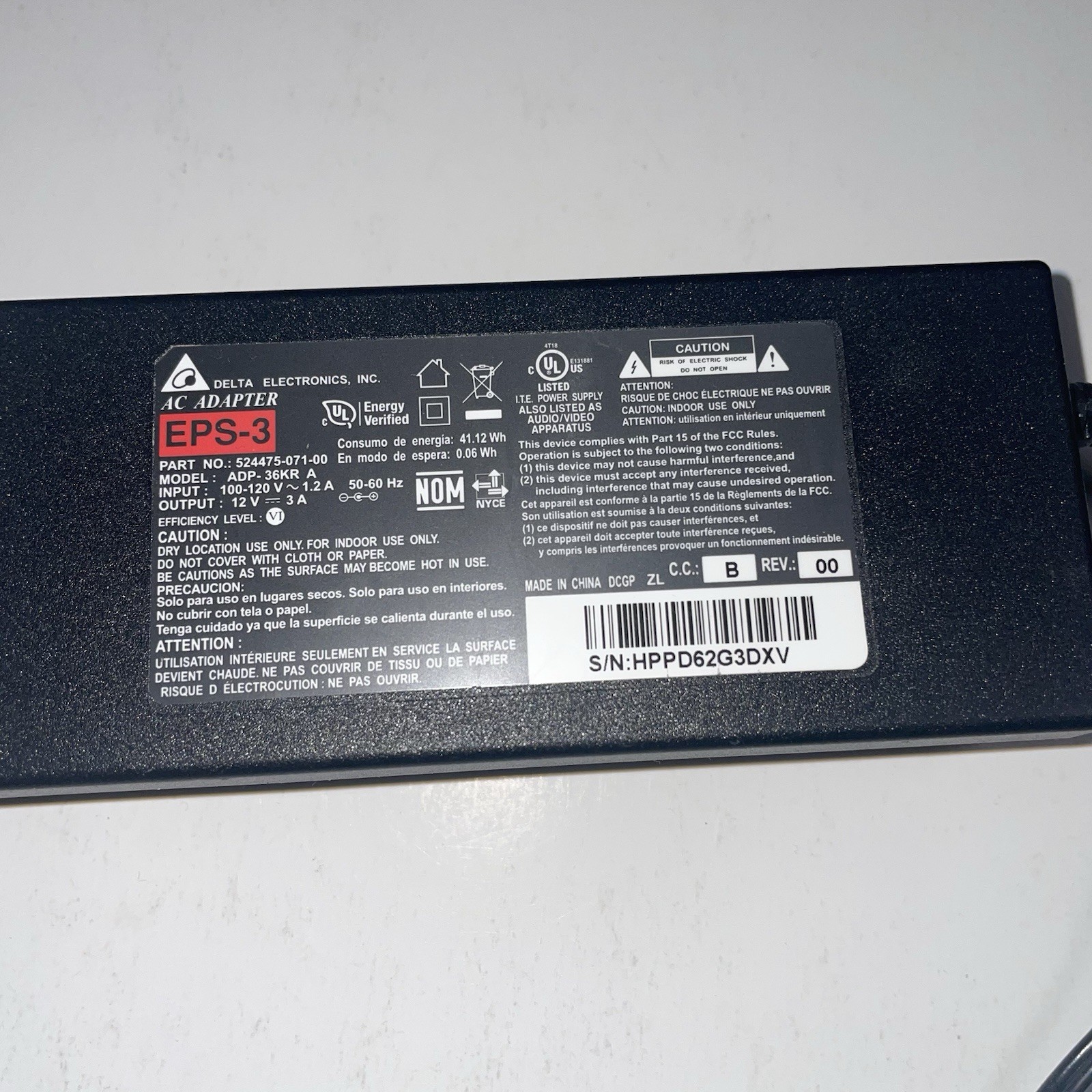 Delta EPS-3 AC Adapter Power Supply, ADP-36KR, AC 12V 3A, Genuine