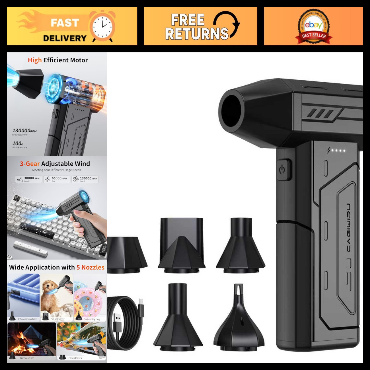 High-Power Cordless Air Duster 130,000 RPM, Rechargeable Blower with LED Light,