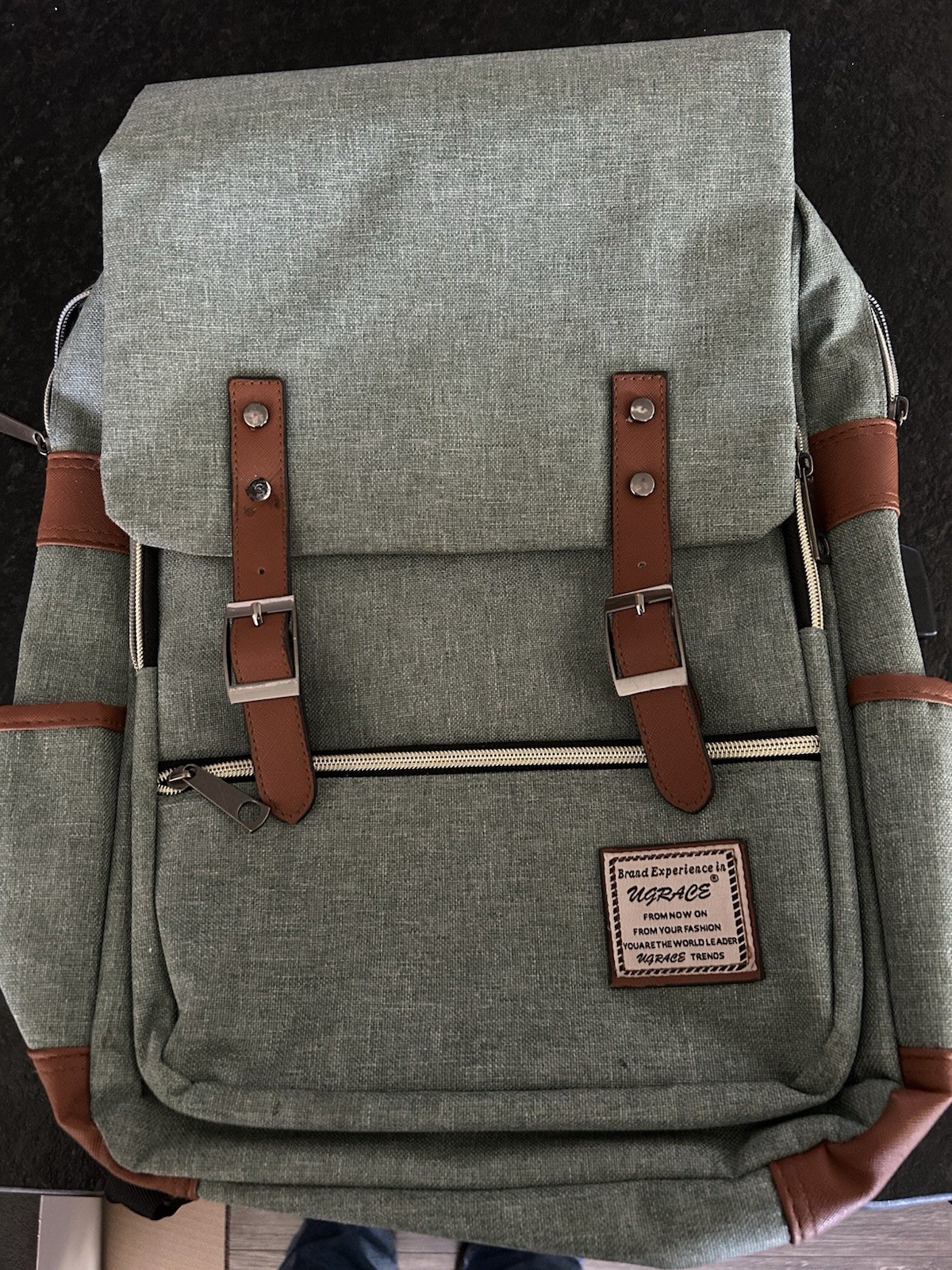 UGRACE Green Canvas Backpack for 15" Laptop, USB Port, Padded, Partitions
