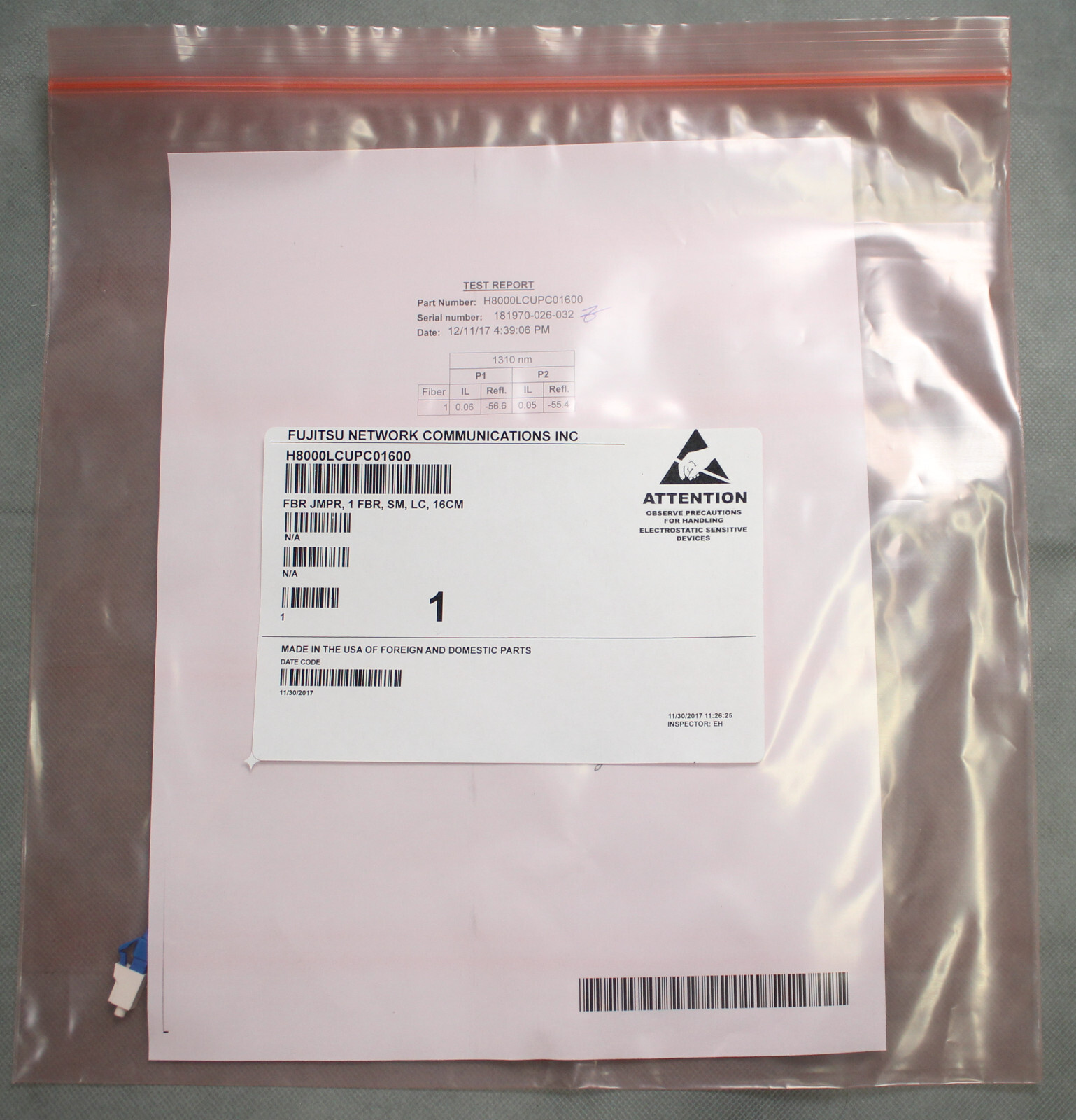 FUJITSU NETWORK COMM H8000LCUPC01600 FIBER CABLE FBR JMPR, 1 FBR, SM, LC, 16 CM