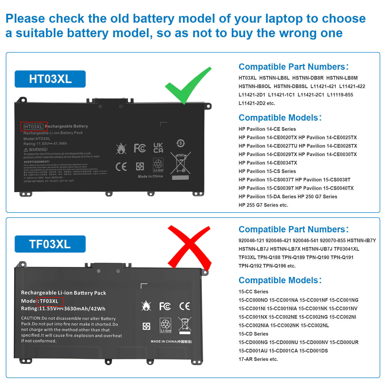 Lot HT03XL Battery for HP Pavilion L11421-2C2 L11119-855 14-CE 14-CF 15-CS 15-DA