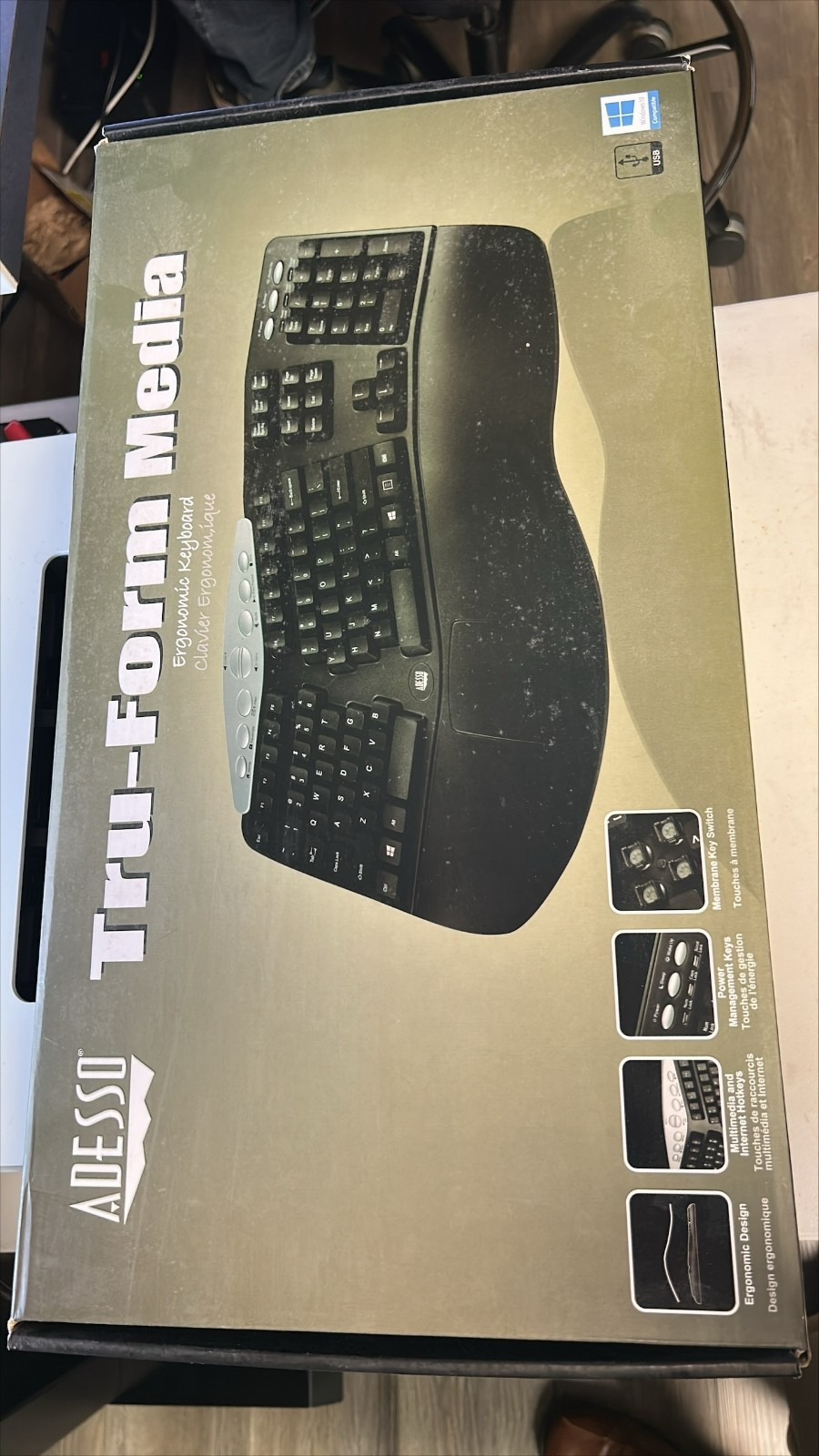 Adesso Tru-Form Media Ergonomic USB Wired Keyboard Split Layout Black