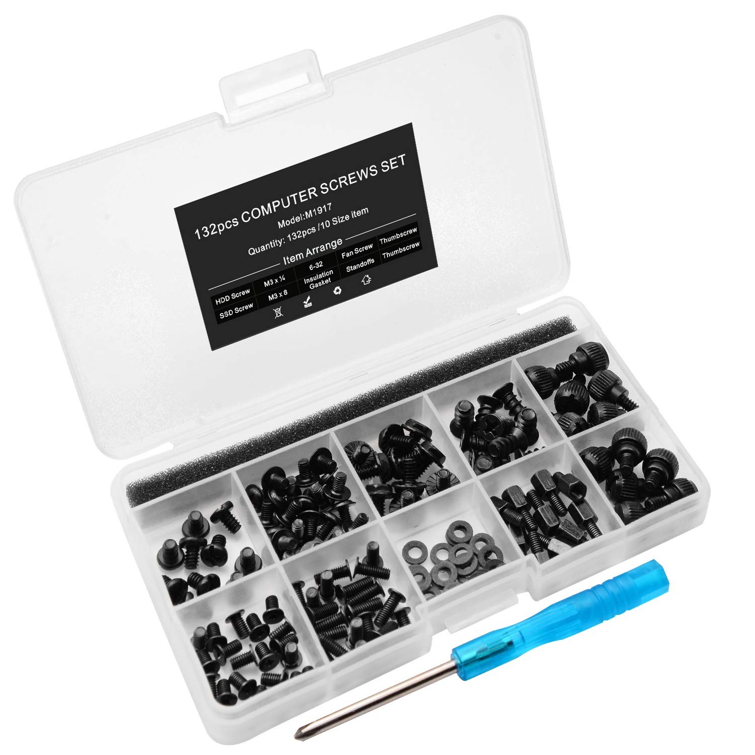 132pcs PC Build & Repair Screw Kit with M3 x 1/4, M3x8, 6-32 screw, Black