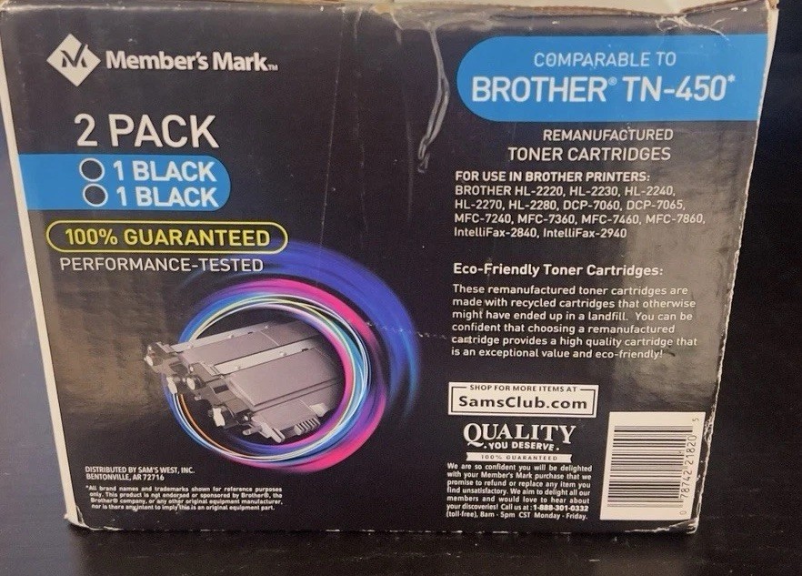 2 Pk Brother TN 450 Members Mark Brother TN-450 Toner Cartridge 2-Pack Black Ink