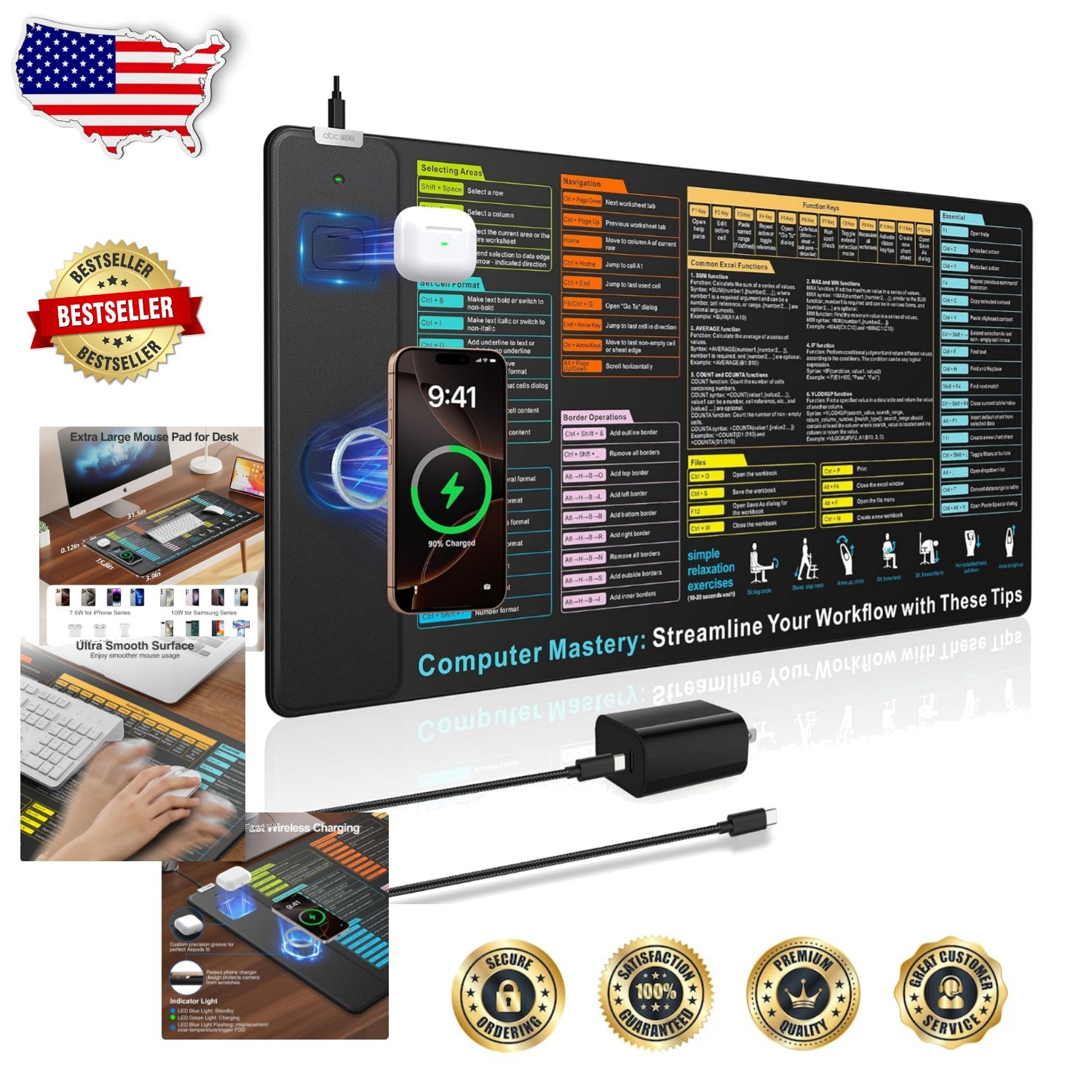 XL Wireless Charging Mouse Pad | Excel Shortcuts | 15W Fast Charge | 31.5" De...