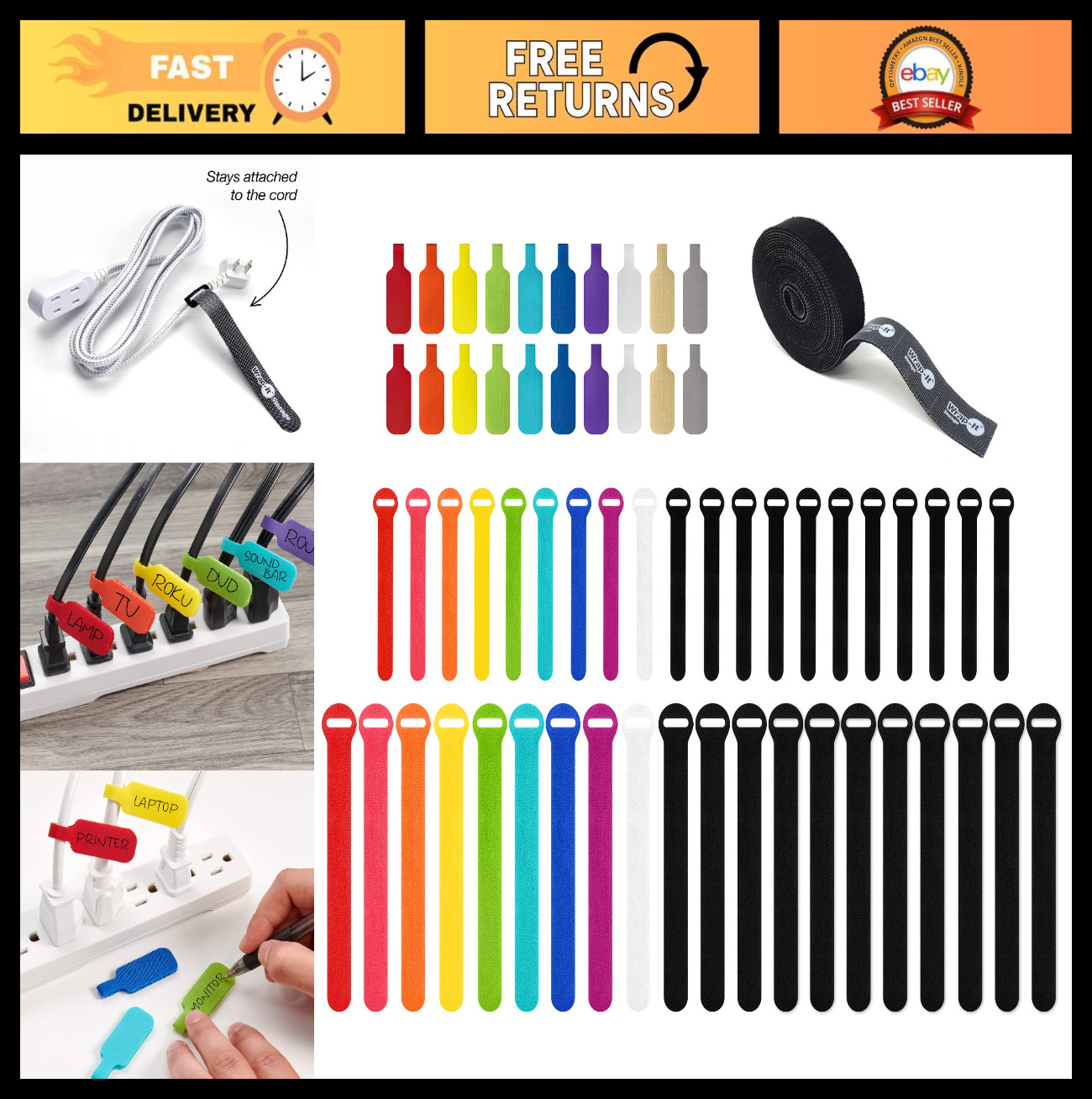 61-Piece Cable Management Value Pack | Organize Wires, Cords & Desk Clutter