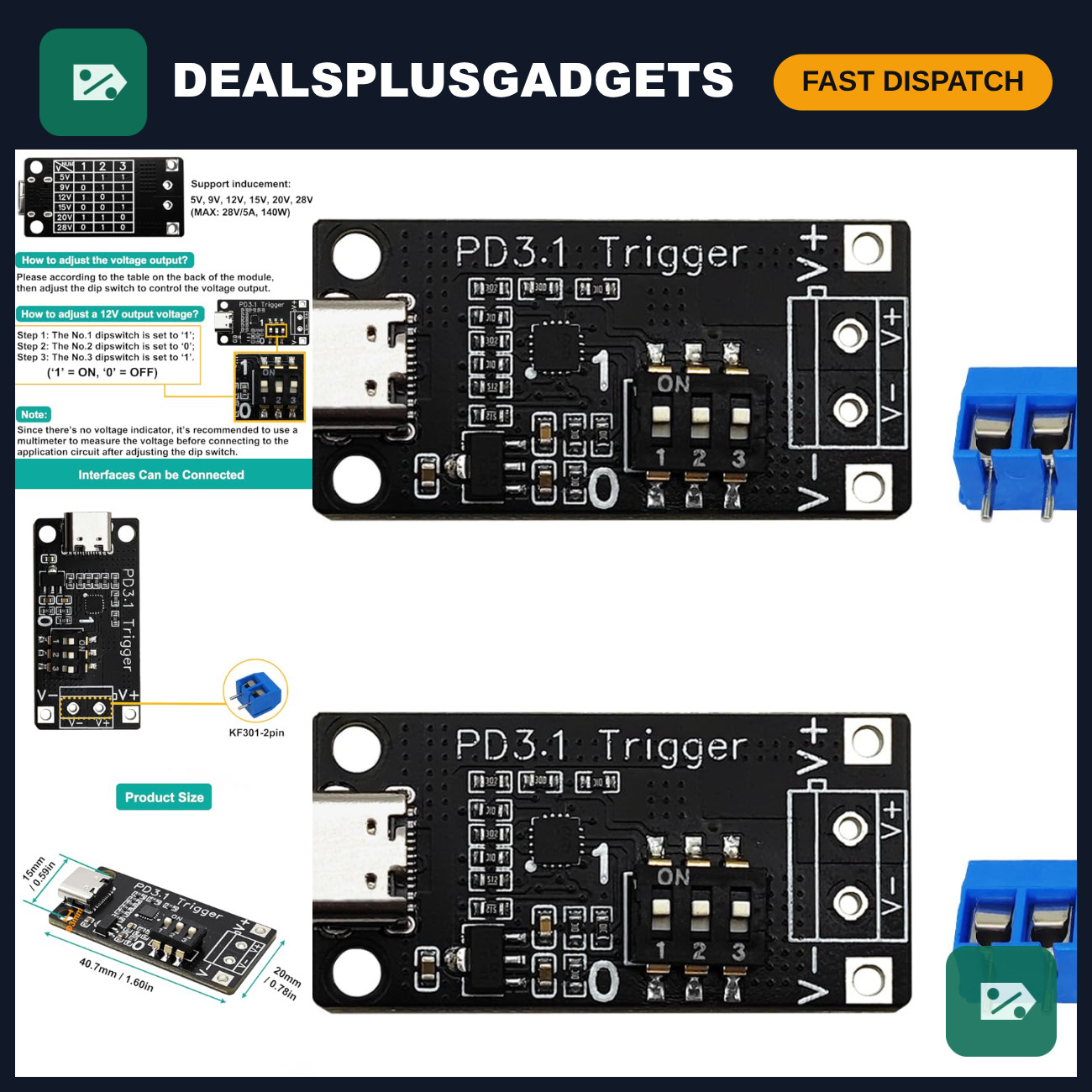 USB-C PD3.0 QC Trigger Charging Module 5V-28V Adjustable Voltage 2PCS Fast Charg