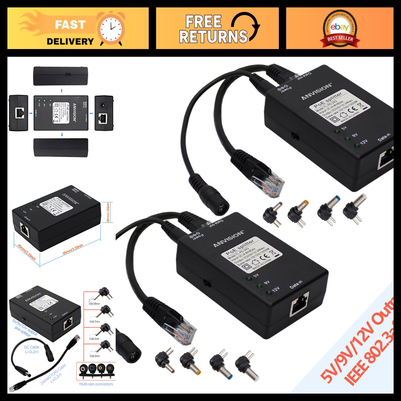 2-Pack Active Gigabit PoE Splitter Adapter, Multi-Size Tips, IEEE 802.3af, 100m