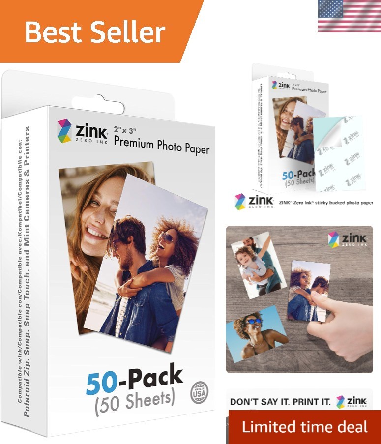 Vibrant Instant 2x3 Photo Paper (50-Pack) - Zero Ink, Sticky-Back for Creativity