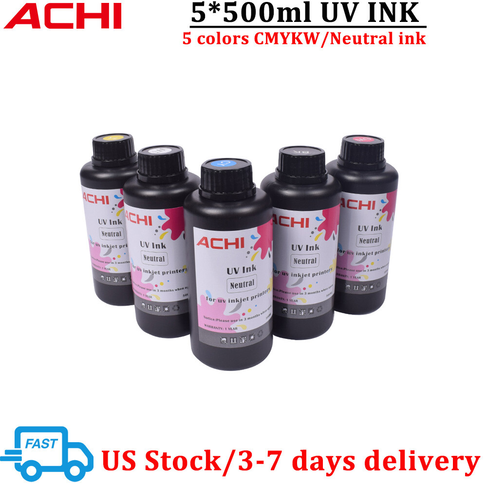 ACHI 5 X 500ML UV INK Refill For A3 A4 A5 UV Printer CMYKW Neutral Ink US Ship