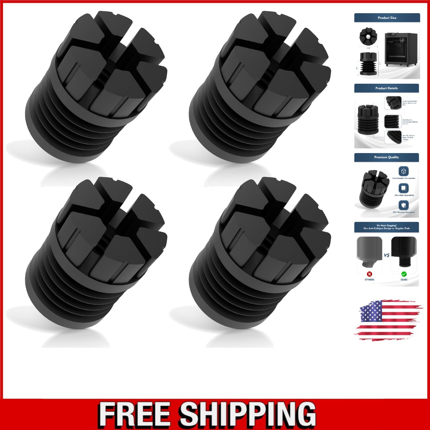 4PCS Anti-Vibration Feet for Bambu Lab X1/X1C/P1P/P1S - 92% Vibration Reduction