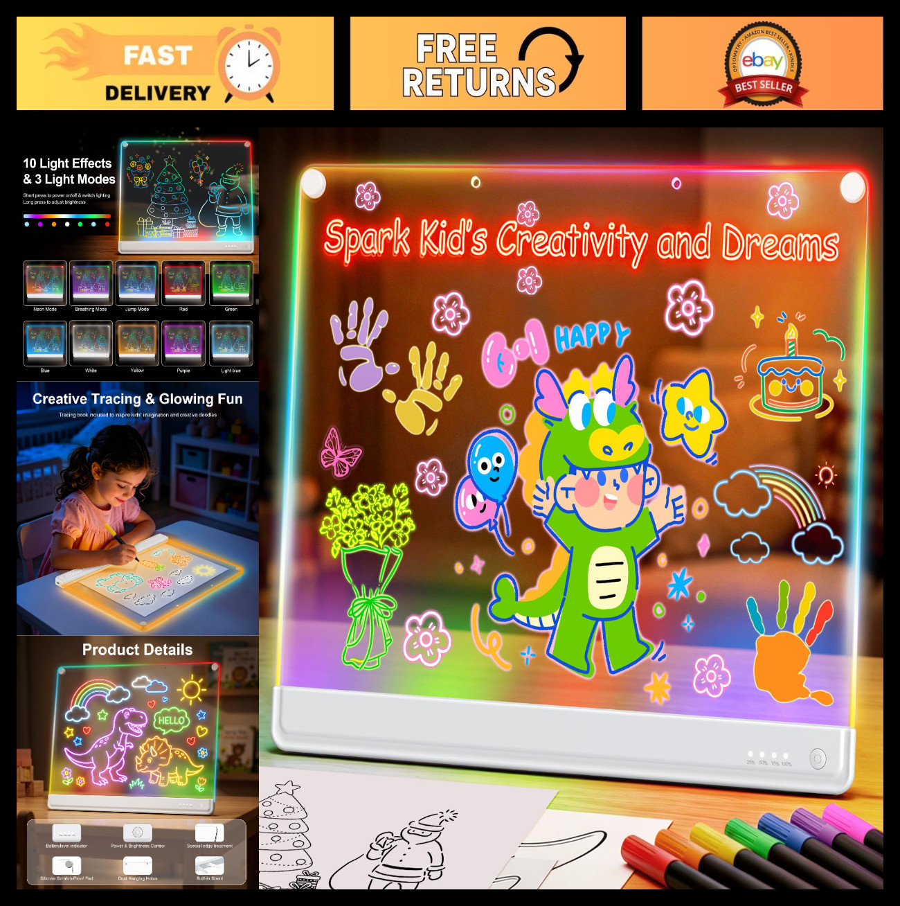 Rechargeable LED Doodle Board 19.7" - 15 Color Light Effects, Neon Drawing Pad,