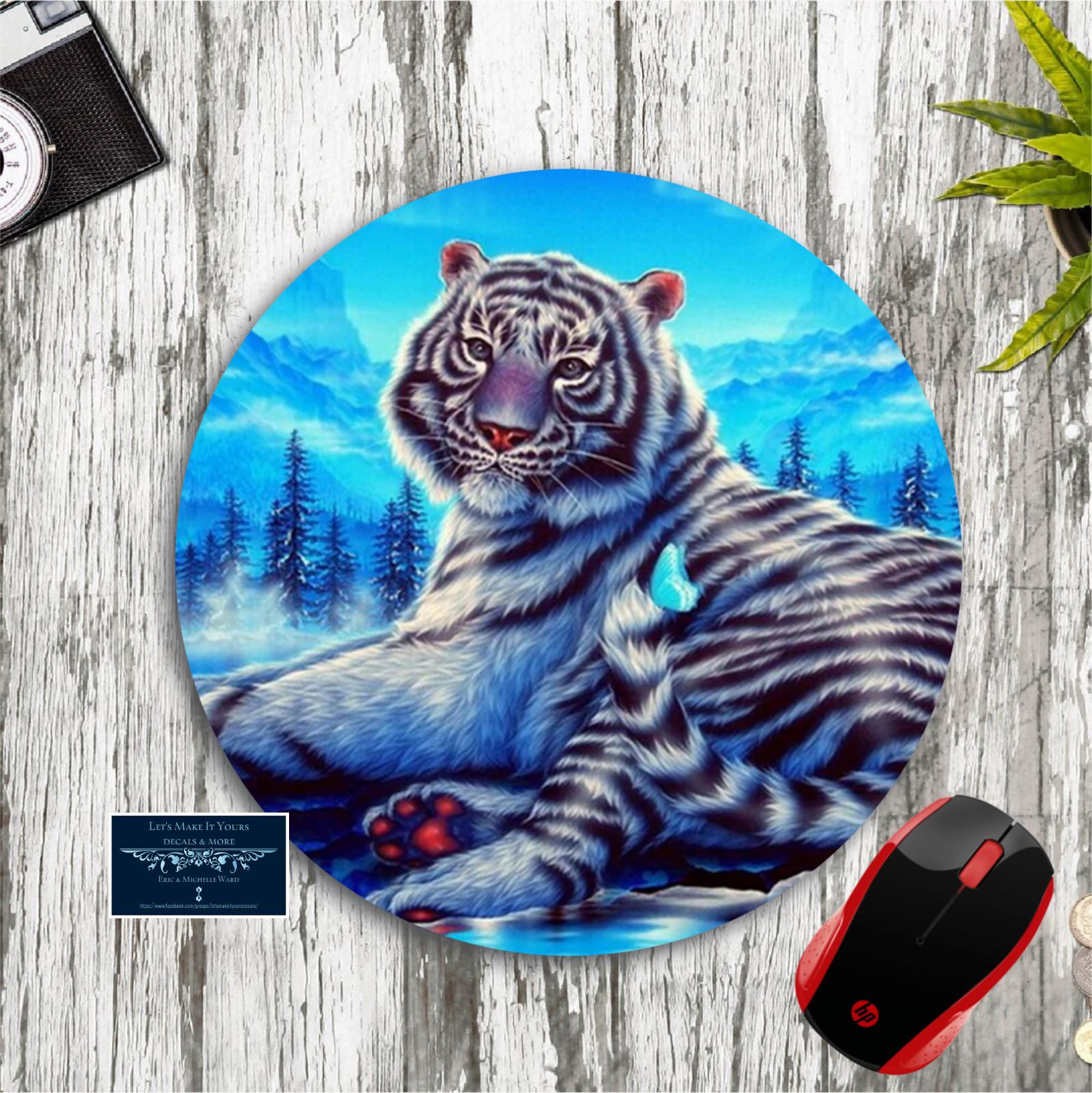 SNOW TIGER W/ BUTTERFLY CUSTOM ROUND PC MOUSE PAD DESK MAT SCHOOL OFFICE GIFT