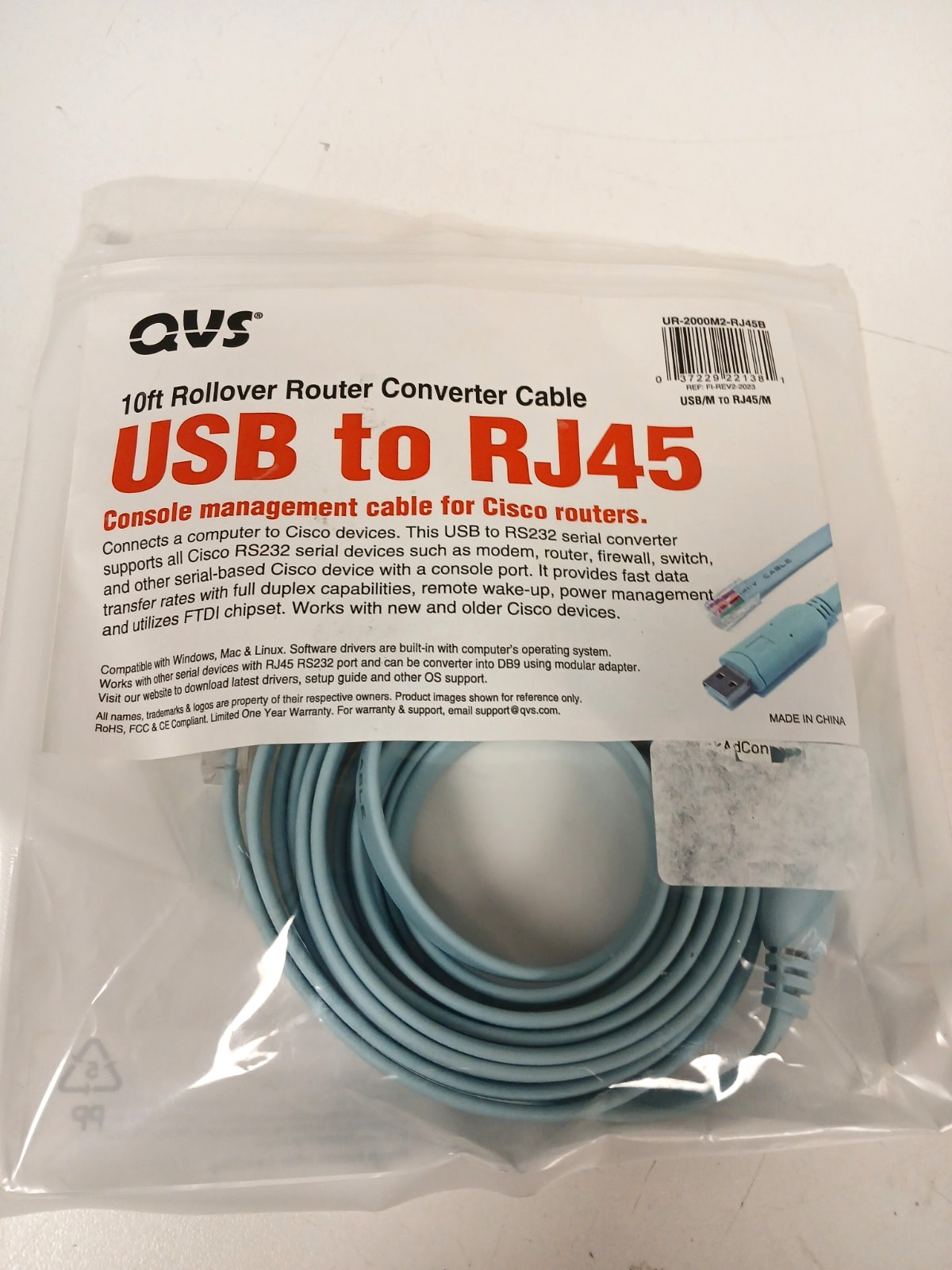 QVS USB to RJ45 Rollover Converter Cable, 10ft Blue