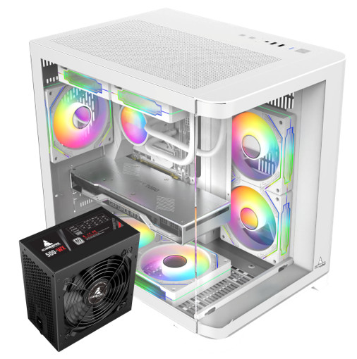 Iceberg Gaming PC Case Crystal Wave M WHT curved tempered Glass with PSU 500WX