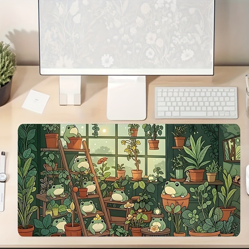 Oversized Gaming Mouse Pad - Artistic Frog And Botanical Design, Non-Slip Rubb