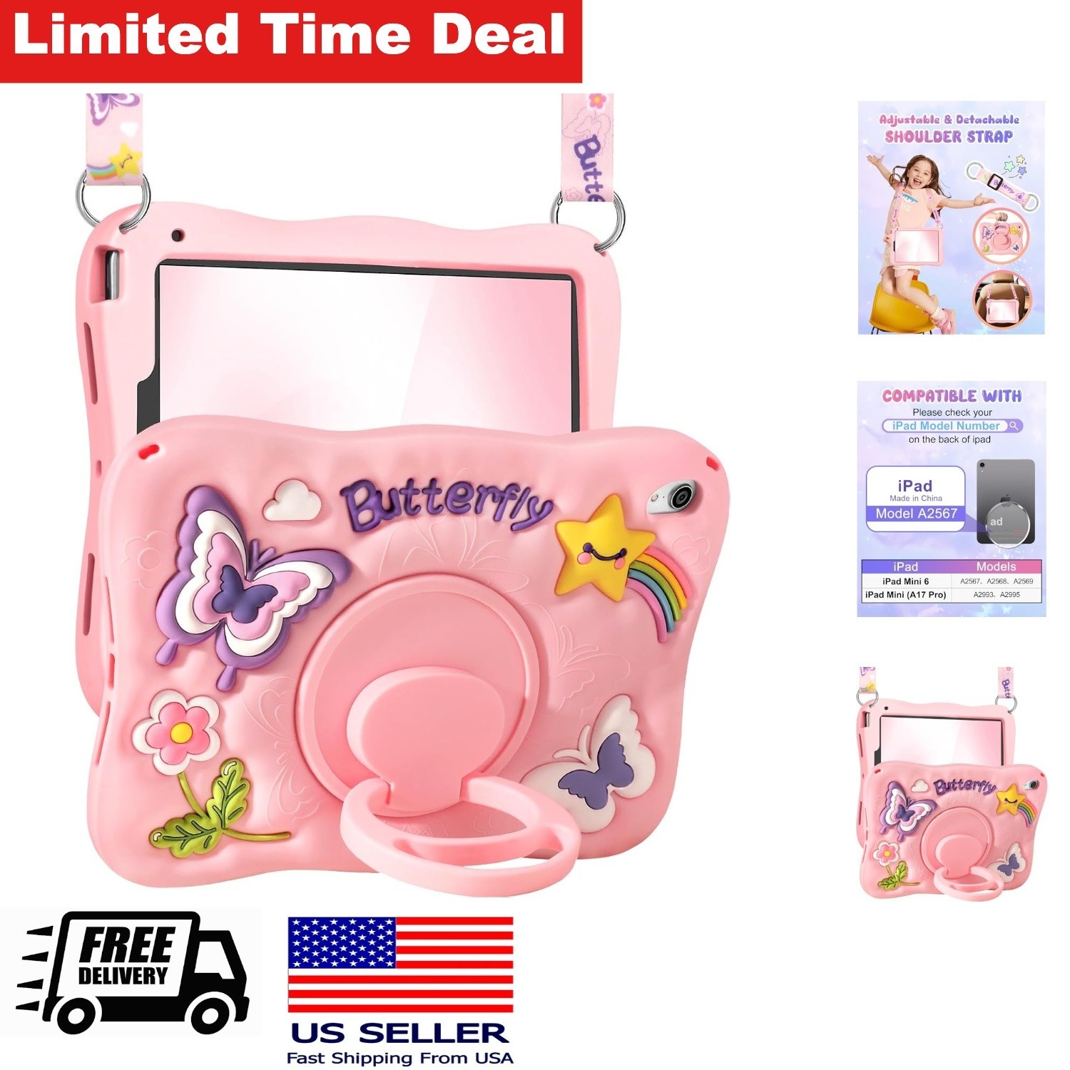 iPad Mini 7th 8.3 Inch Case Kawaii Butterfly Design Soft Silicone 360° Stand