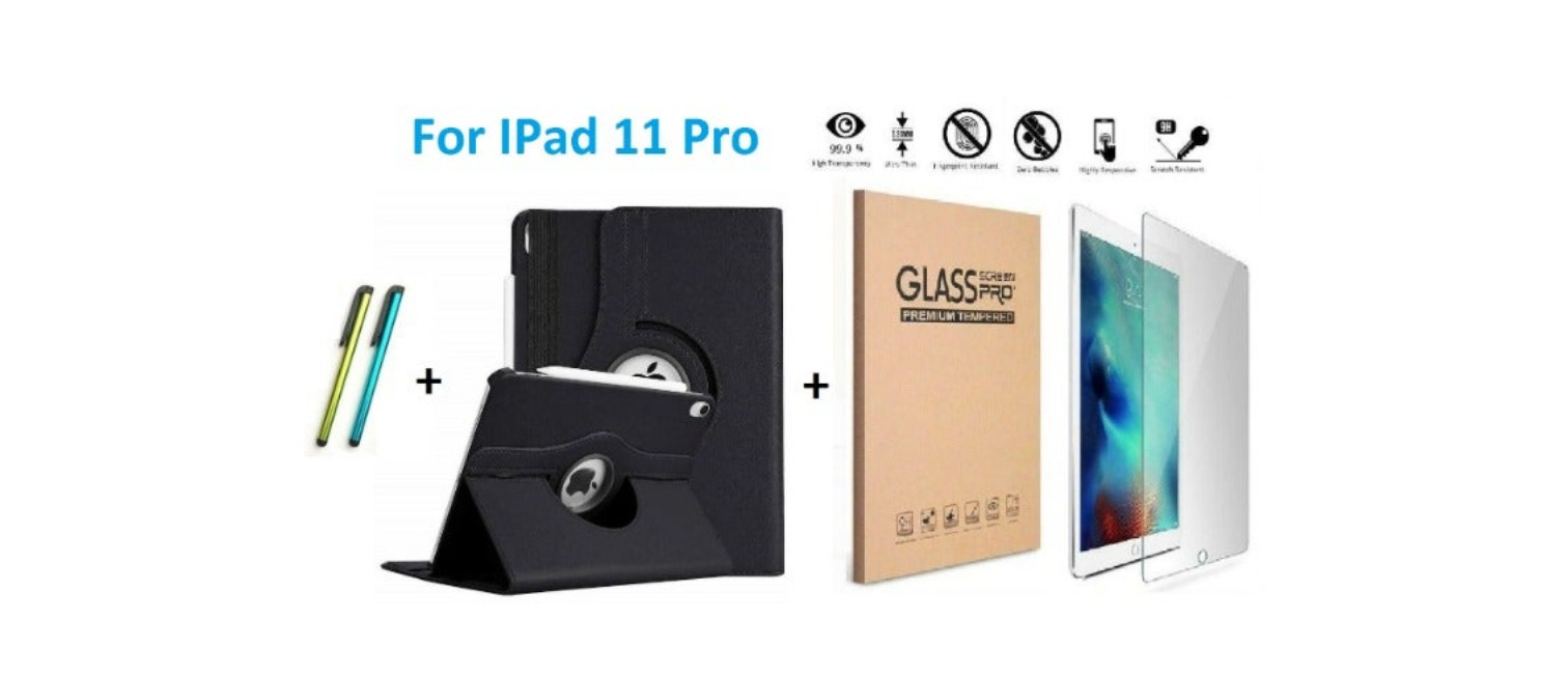 Rotating iPad 11 Pro Case 360° Flip Leather + Tempered glass + 2 Stylus Pen