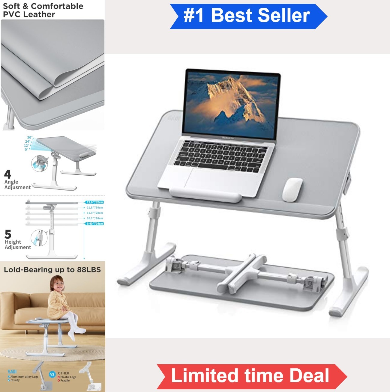 Non-Slip Leather Lap Desk 20.5x11.8 Adjustable Height Angle Laptop Bed Tray