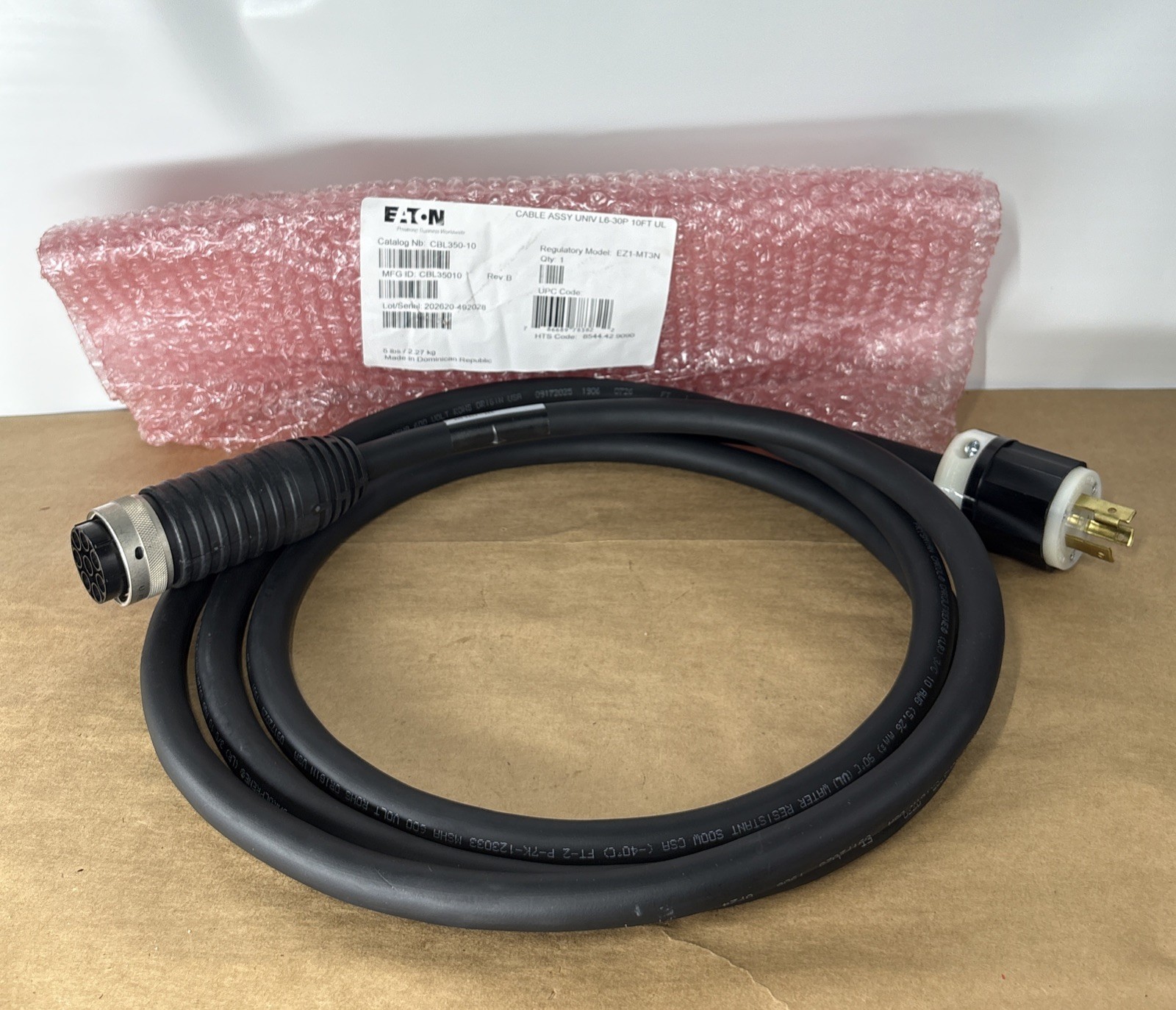 Eaton CBL350-10 Universal Input PDU Power Cable L6-30P 10FT 30A 208V 