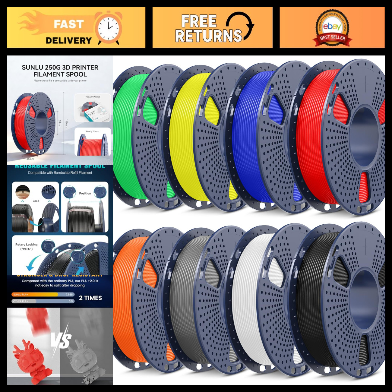 Multicolor 3D Printer Filament Bundle, PLA+ 2.0, 8 Vibrant Colors, High Quality