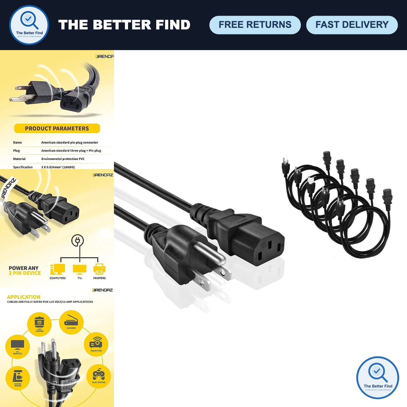 5 Pack Universal AC Power Cords - 1ft 3 Prong Replacement for PC, Monitor, TV &