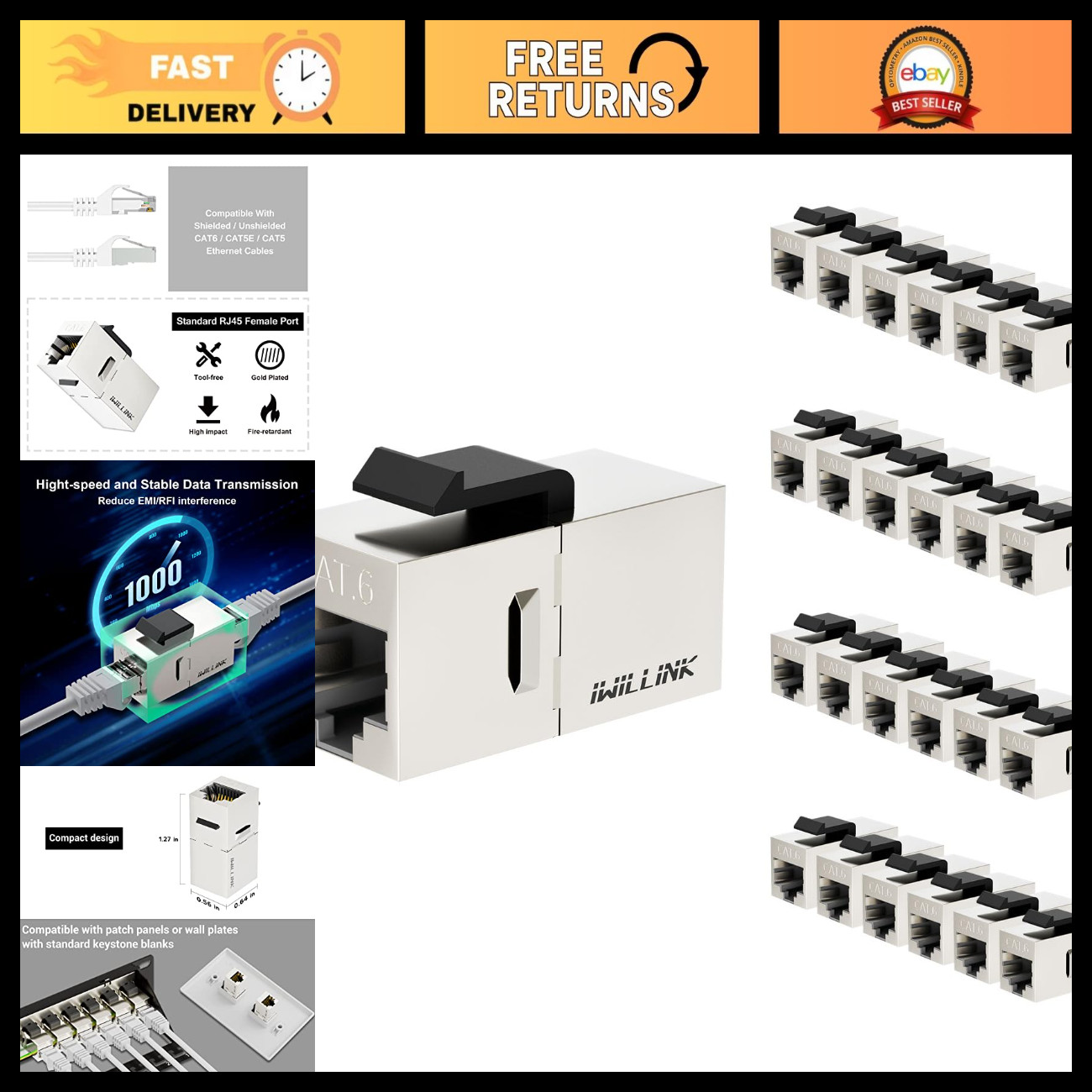 RJ45 Cat6 Shielded Ethernet Keystone Coupler 25-Pack - High-Speed Network Adapte