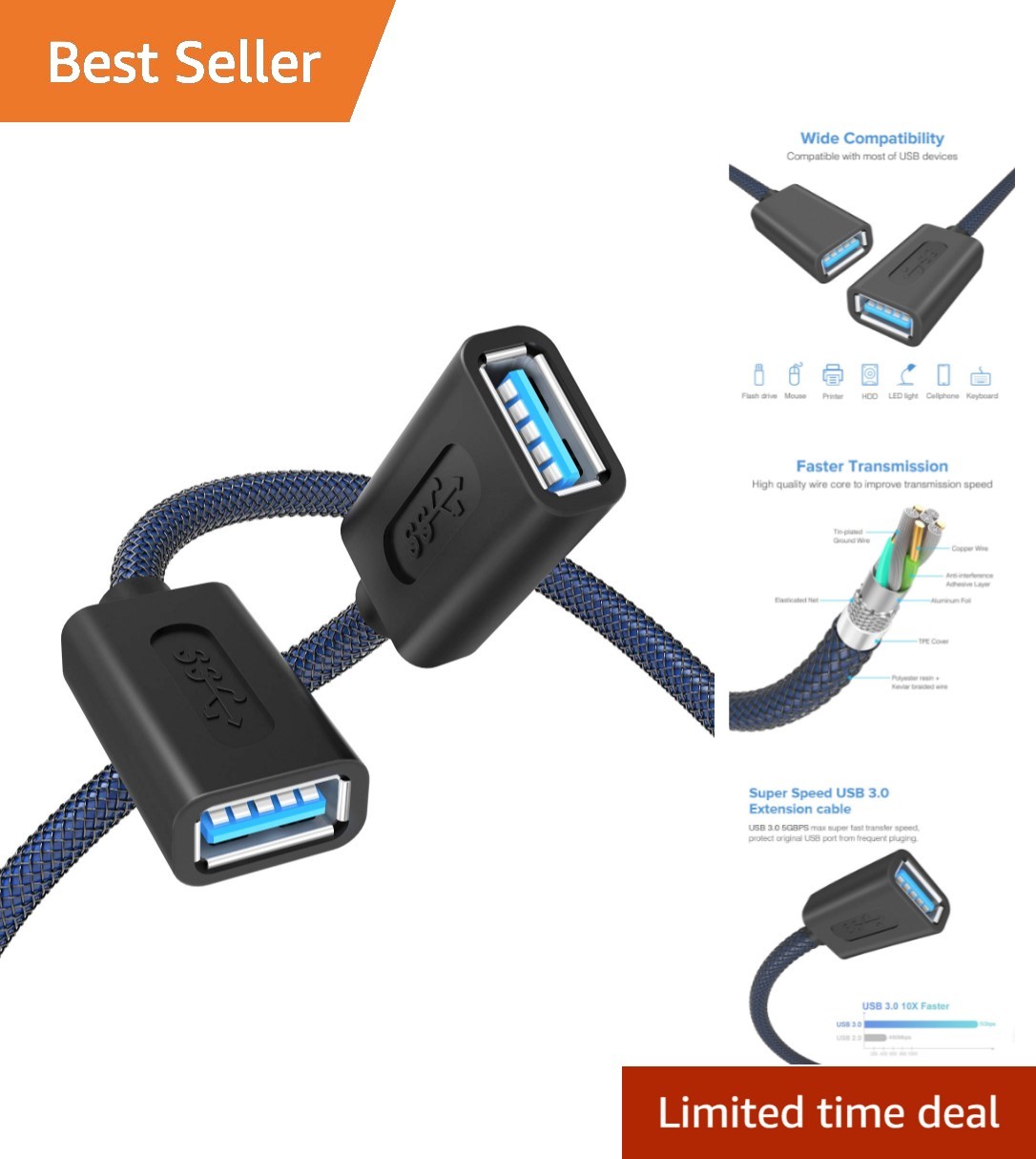 Durable 3.3FT USB 3.0 Female Extension Cable - Connect & Transfer Effortlessly