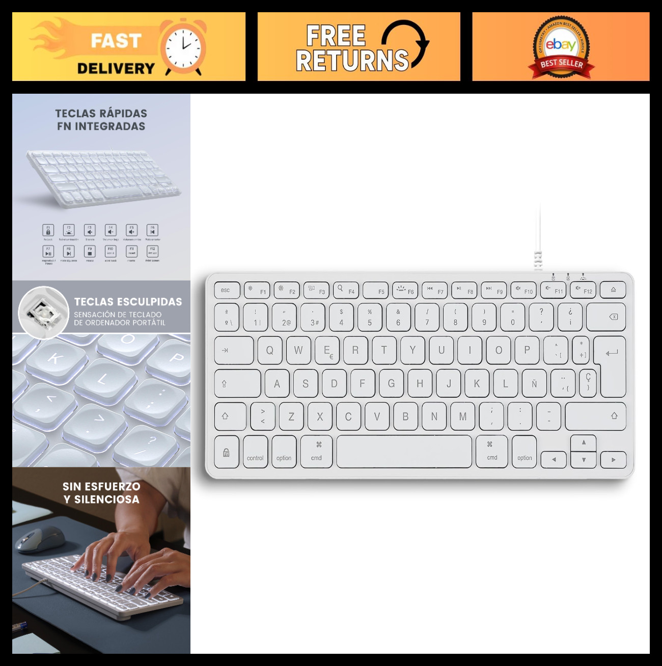 Mini Backlit Keyboard for Mac OS X - Spanish Layout with Ñ - LED White Lighting