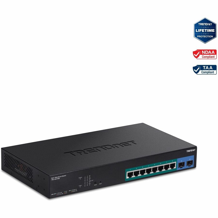 TRENDnet 10-Port Gigabit Web Smart PoE+ Switch with 8 Gigabit PoE+ Ports, 2 SFP