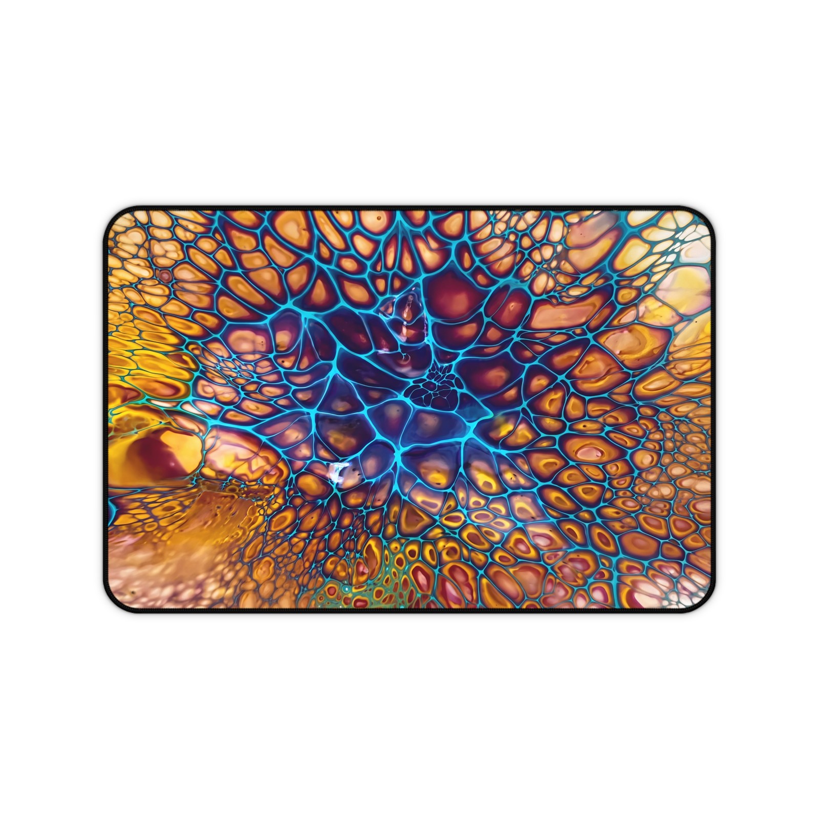 Abstract Fluid Art Paint Pour Desk Mat Blue & Gold Gaming Workspace Mousepad