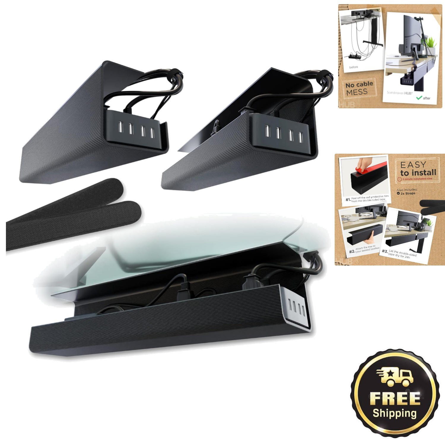 17-Inch No-Screw Cable Management Trays - 2-Pack for Enhanced Workspace Elegance