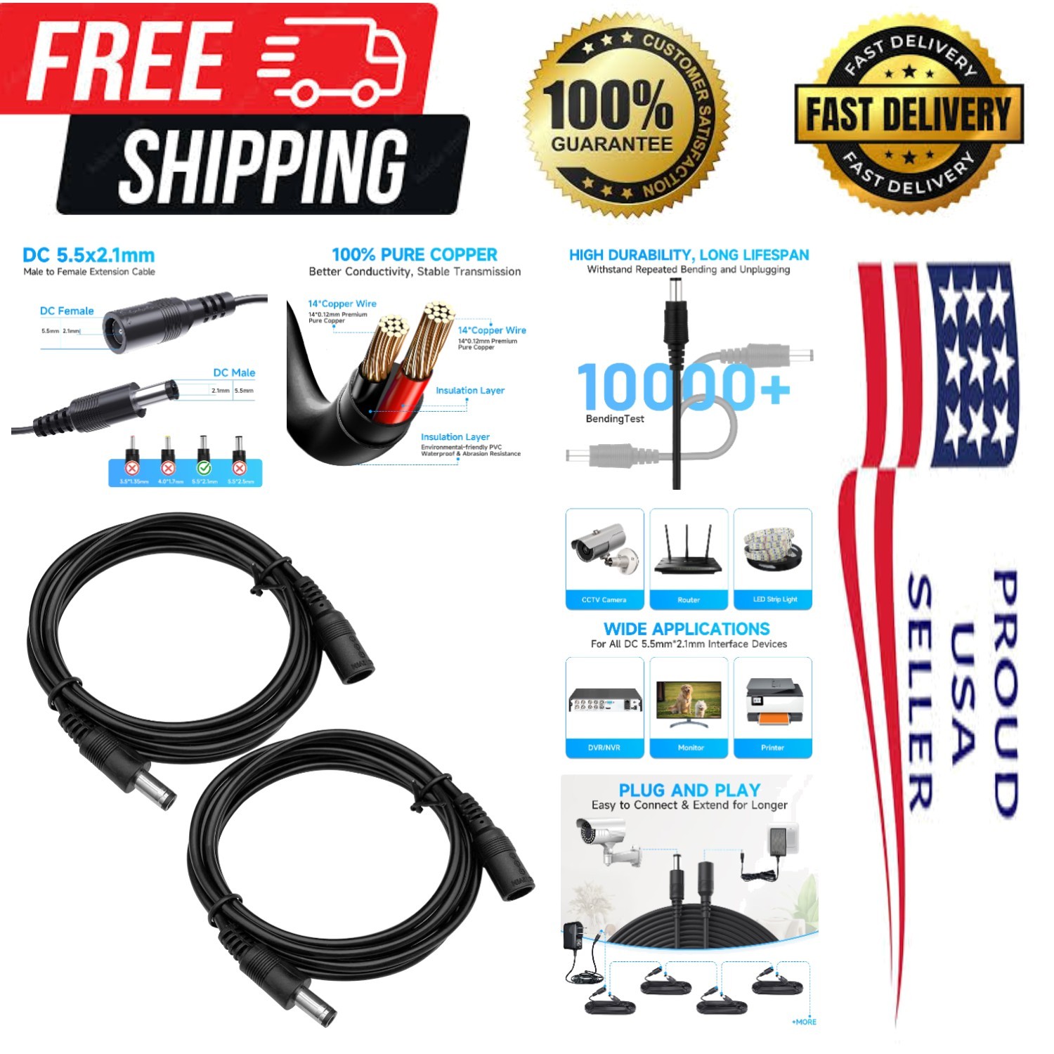 2 Pack 3ft  Pure Copper DC Extension Cable – Reliable Indoor/Outdoor Use