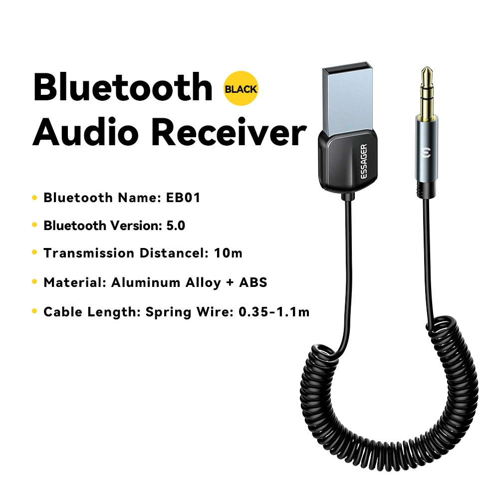 Essager Wireless Bluetooth 5.0 Receiver Adapter Handsfree 3.5mm Jack Car Audio