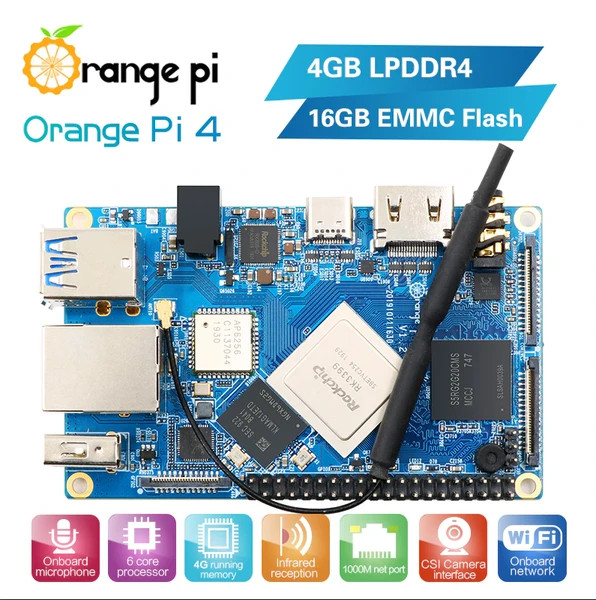 (US STOCK) Orange Pi 4 - RK3399 Rockchip / 4G RAM /16G EMMC / WIFI /C-Charger