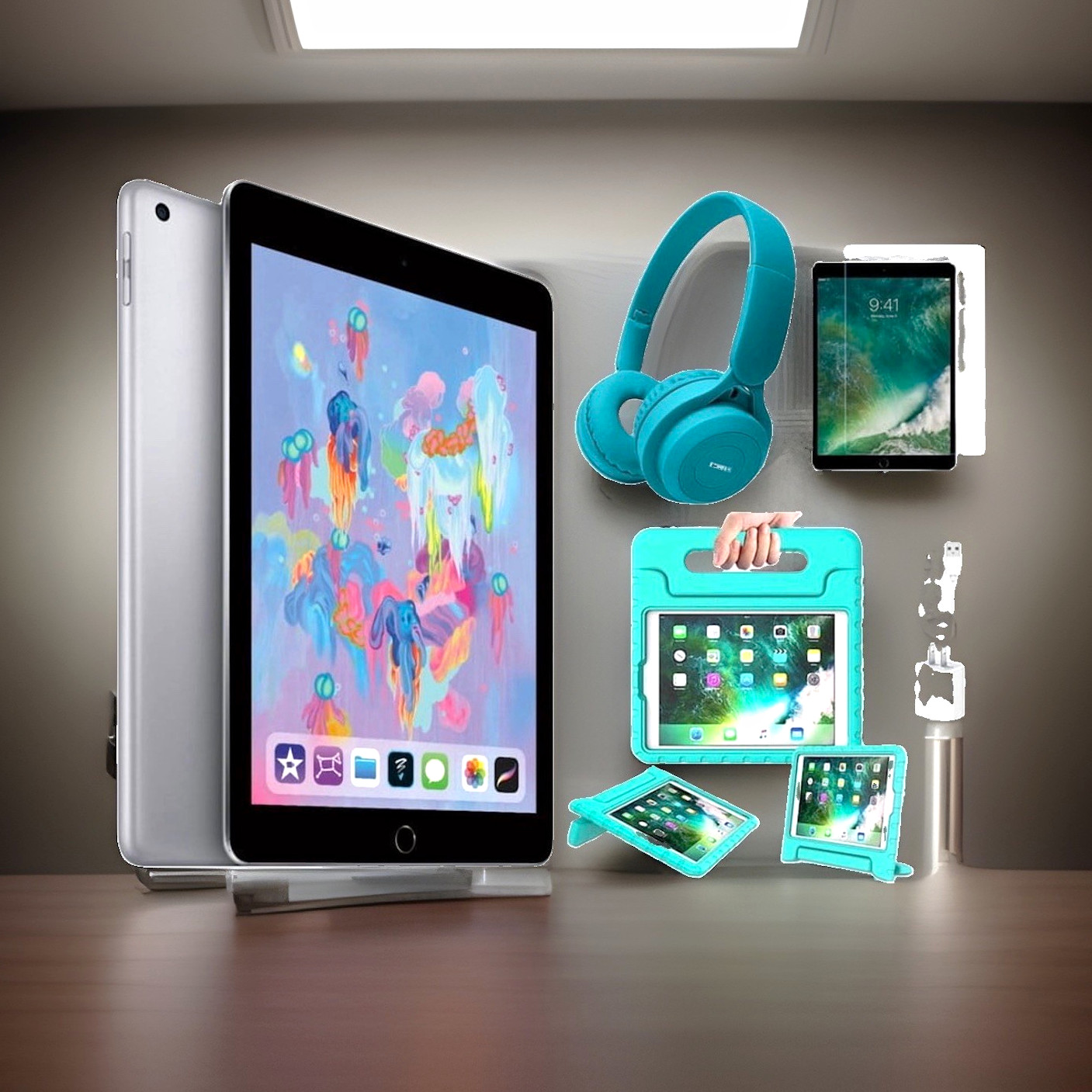 Apple iPad Tablet Bundle w/ Headphones, Case & Charger - Silver/Black