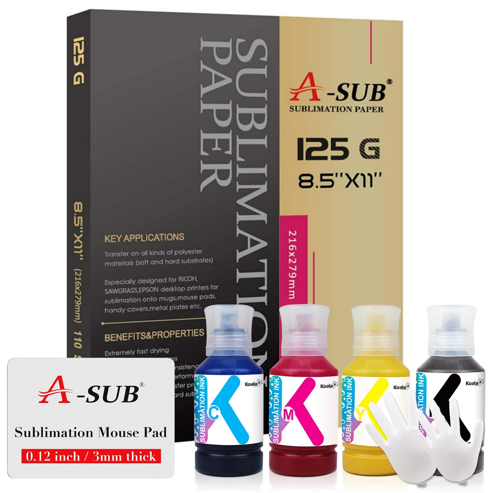 Kit A-SUB Sublimation Paper 125g + Sublimation Ink + Sublimation Blank Mouse Pad