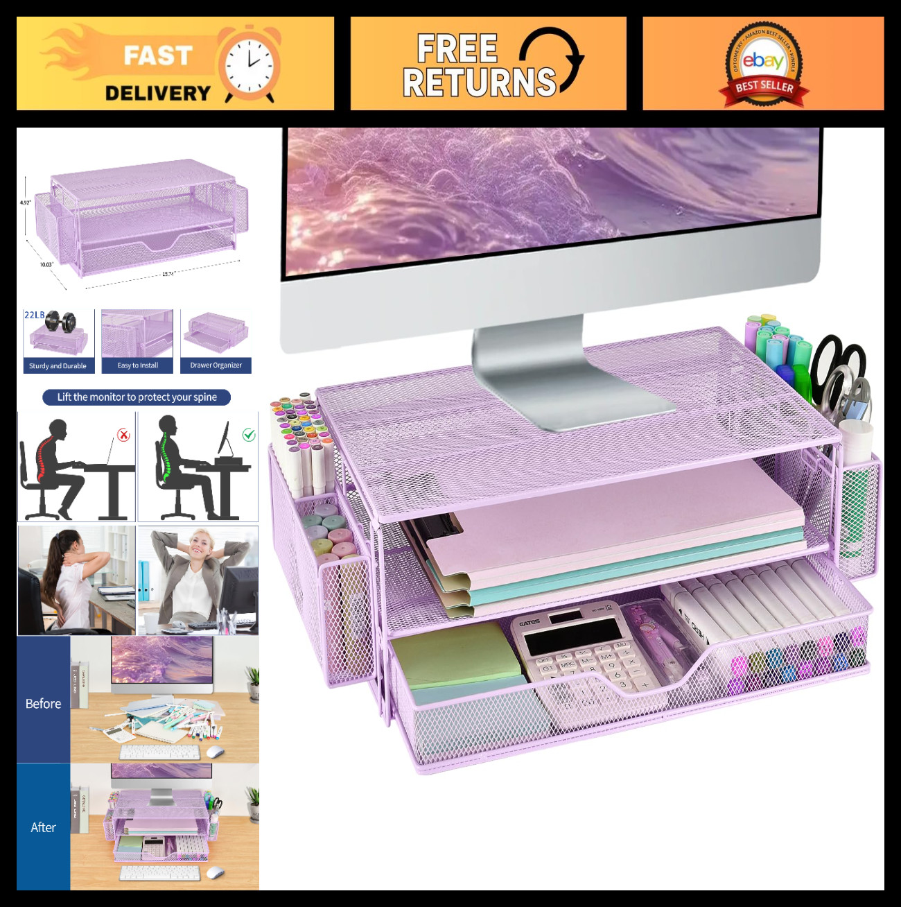 2-Tier Computer Monitor Stand Riser, Desk Organizer with Drawers & Pen Holders -