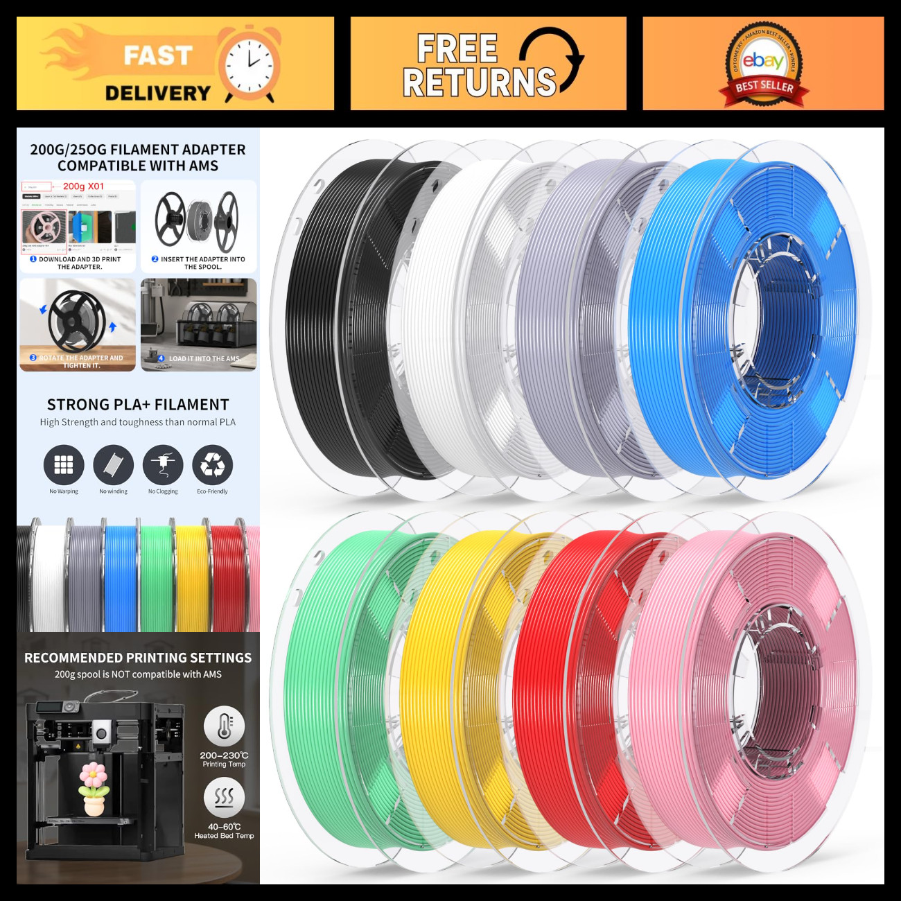 8 Pack 3D Printer Filament Bundle, PLA Plus 1.75mm, 250g Spools, 8 Colors, High