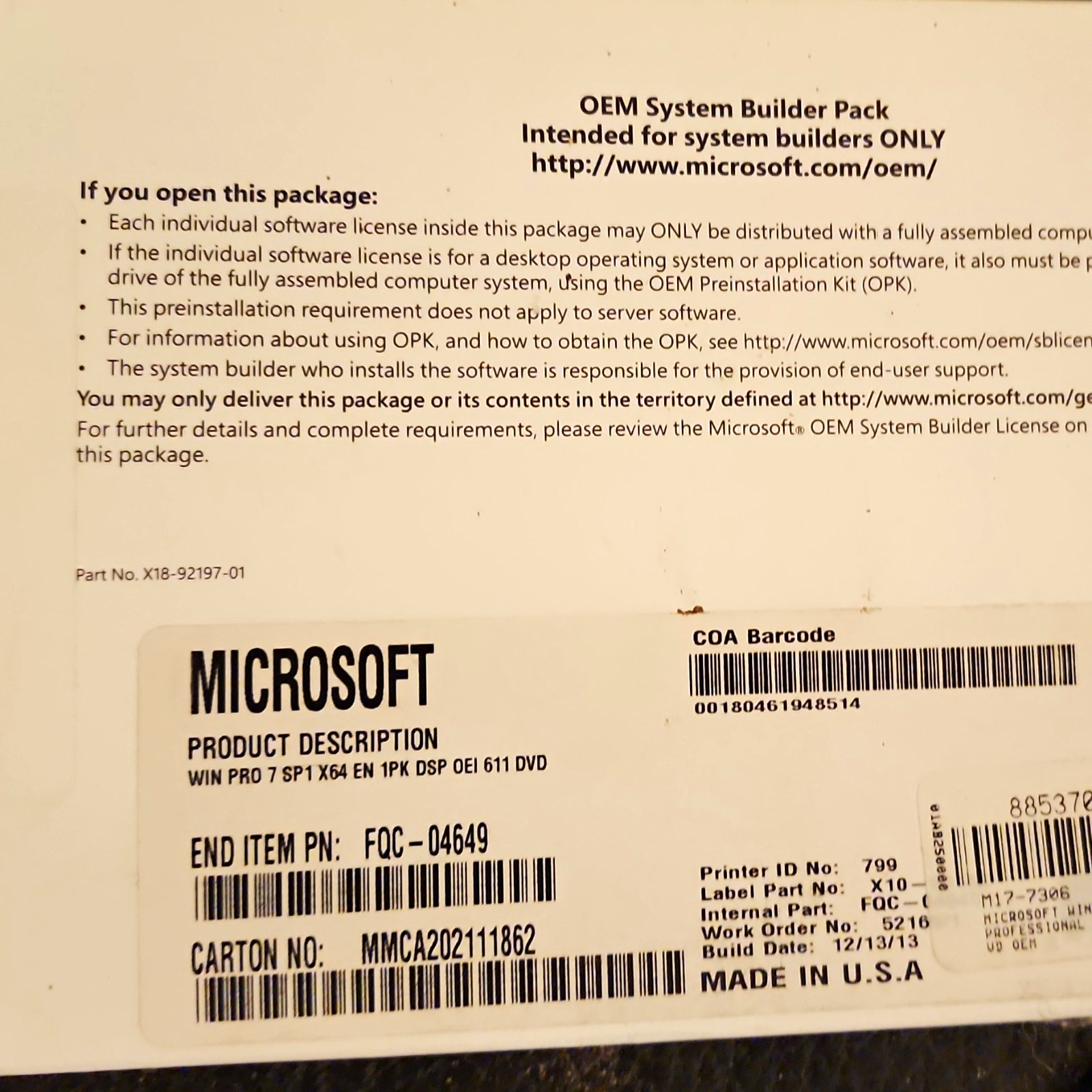 Microsoft Windows 7 Professional 64-Bit OEM DVD FQC-04649