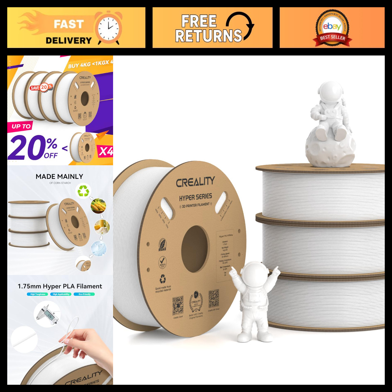 High-Speed 3D Printer Filament 1.75mm, 4 Pack 1kg, Dimensional Accuracy +/-0.02m
