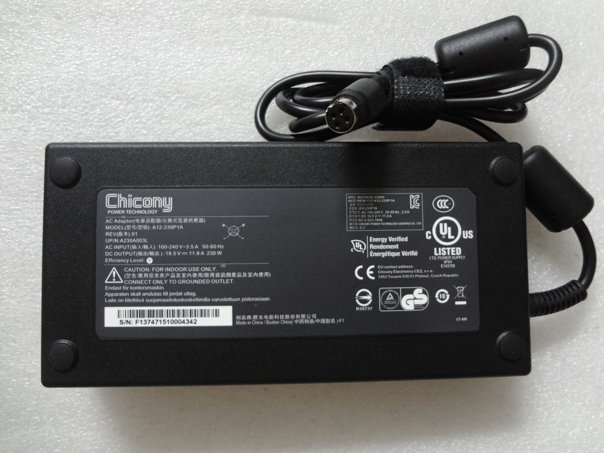 Sager Slim AC Power Adapter Charger 4-PIN OEM Original Chicony 230W 19.5V 11.8A