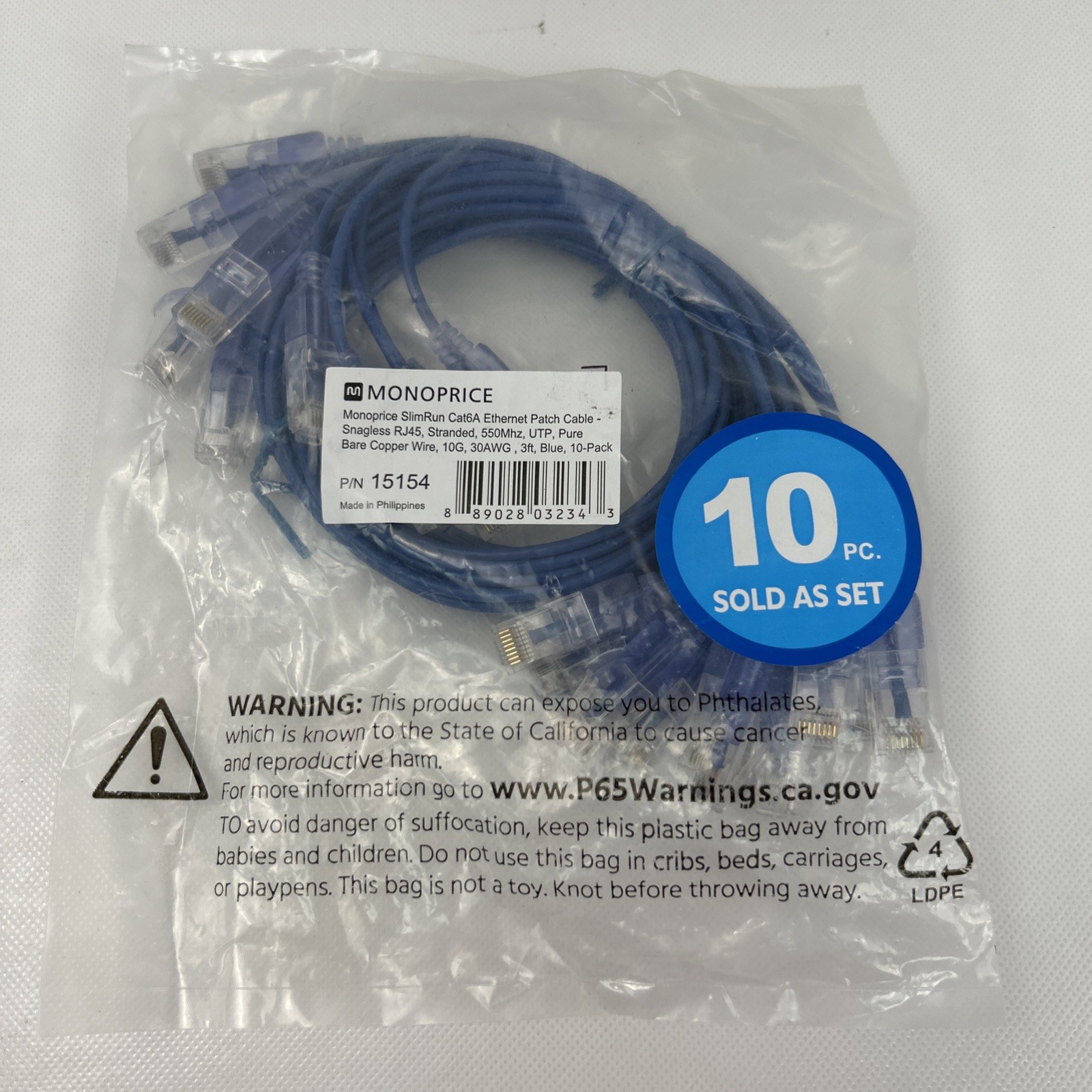 10-pack 3ft Blue SlimRun Cat6A Ethernet Patch Cable Network RJ45 UTP 30AWG