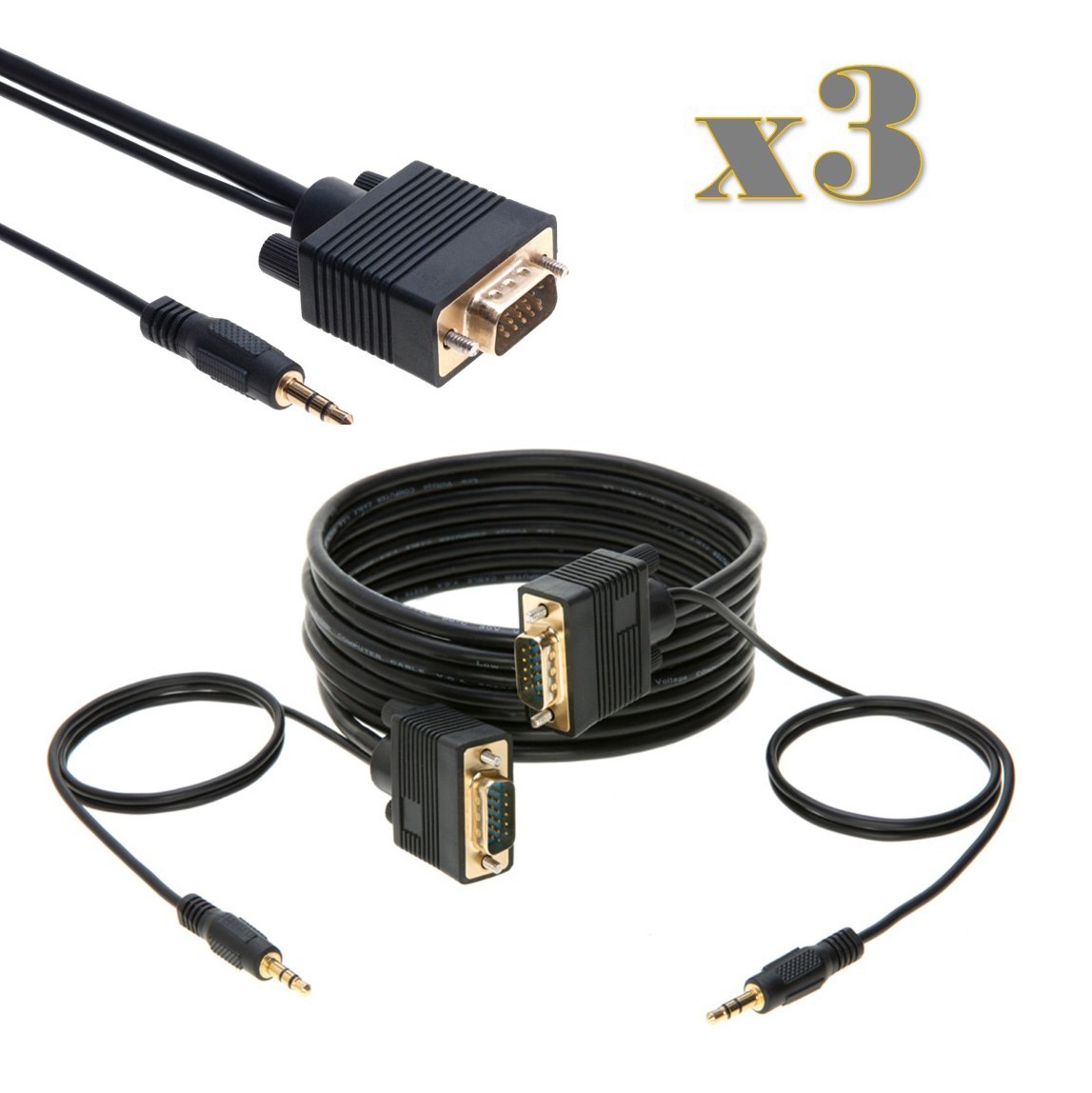3-Pack - 35FT SVGA M/M + 3.5mm Aux Audio Cable Jack for Monitor PC Projector TV
