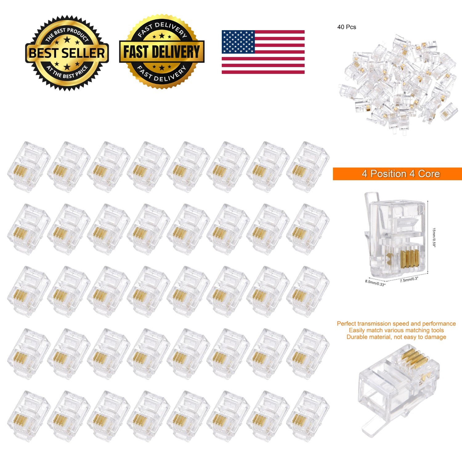 Uxcell Telephone Modular Plug Male RJ9/RJ10/RJ22 Connectors, Copper Core 4P4C