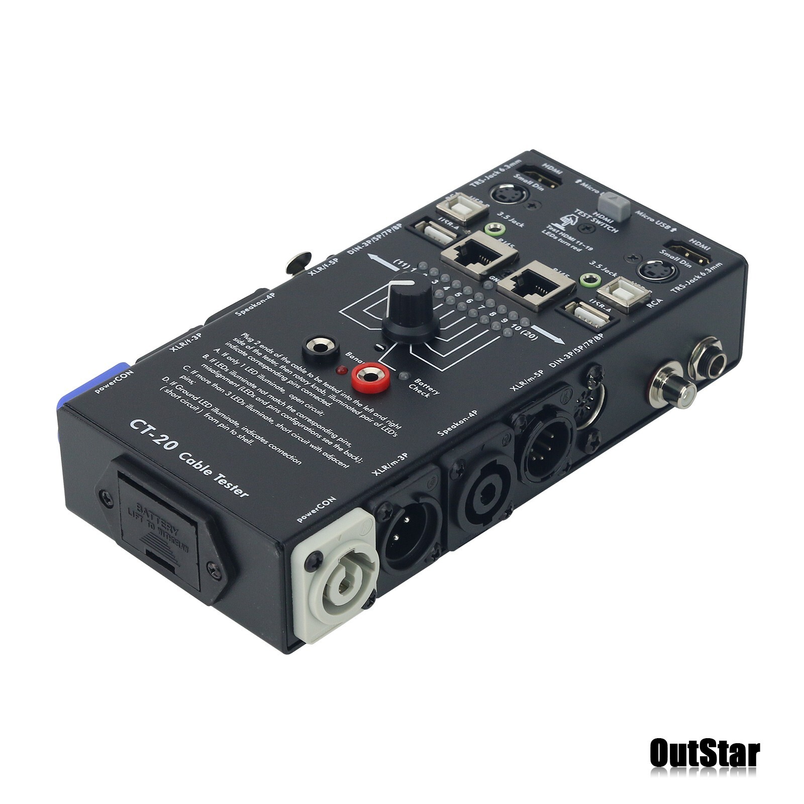 CT-20 Audio Cable Tester RJ45 Cable Tester (Measures 20 Types) for PowerCON
