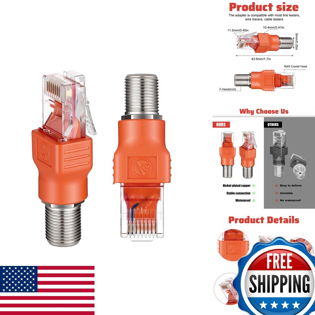 Alrhso Coax to Ethernet Adapter 2PCS F-Type Female to RJ45 Male Orange