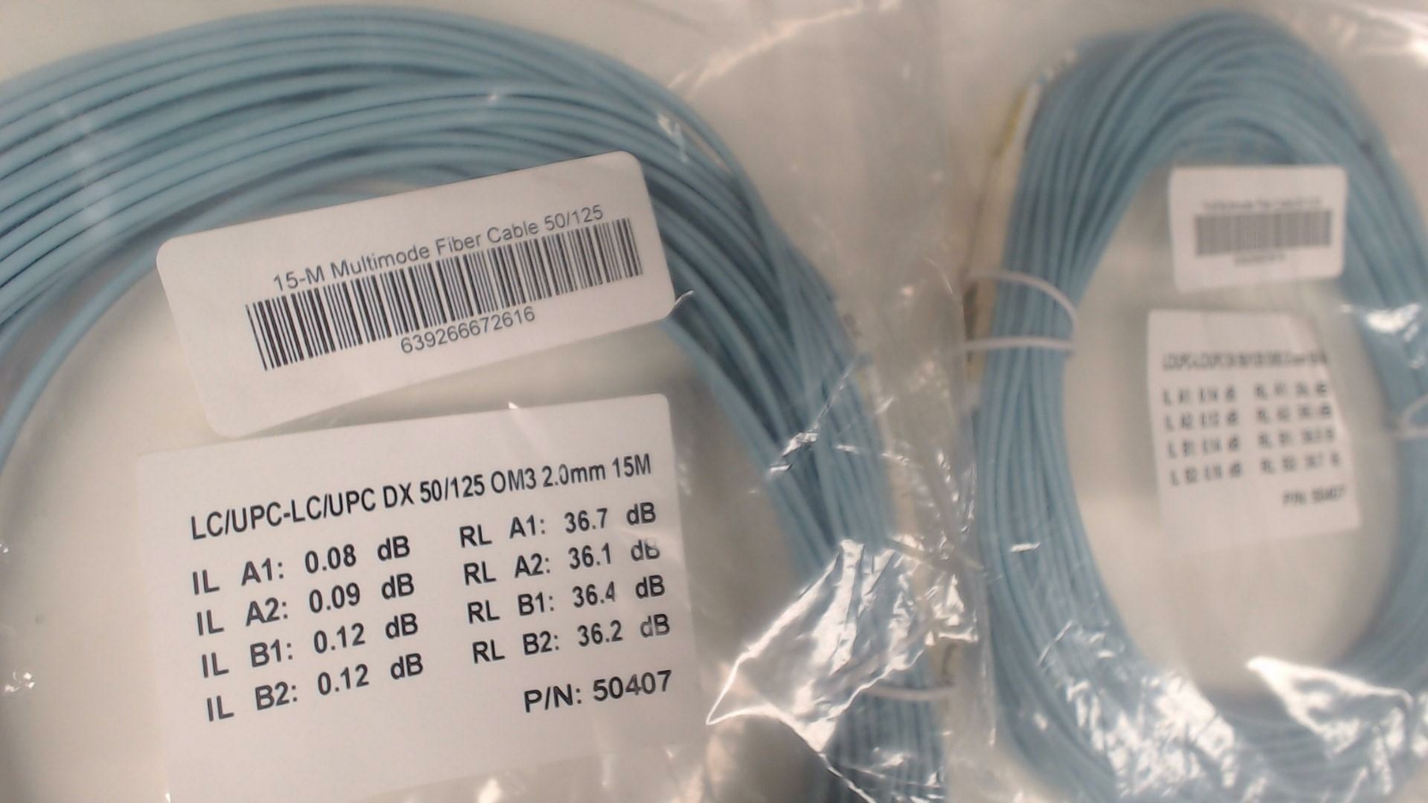 Lot of 2: 15 Meter Multimode Fiber Cables 50/125